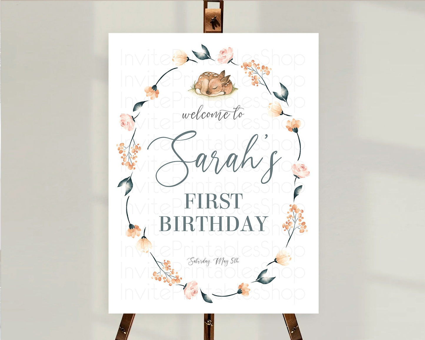 Fawn Welcome Sign Deer Welcome Board Floral Deer Welcome Poster Enchanted Forest Butterfly Pastel Floral First Birthday Welcome Sign D10790