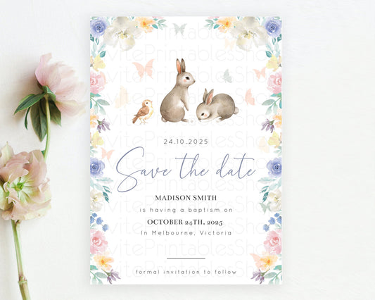 Editable Floral Bunny Save The Date Template Pastel Flowers Forest Bunny Sec