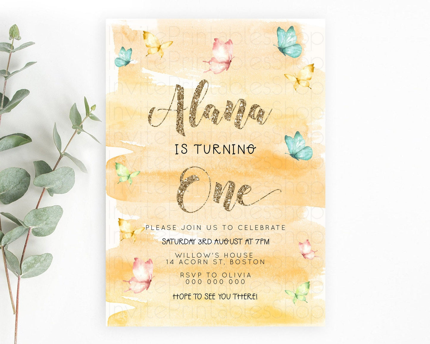 Pastel Butterfly Birthday Invitation Butterfly Birthday Invitation Colorful Splash Glitter Butterfly Garden 1st 2nd Birthday D23231