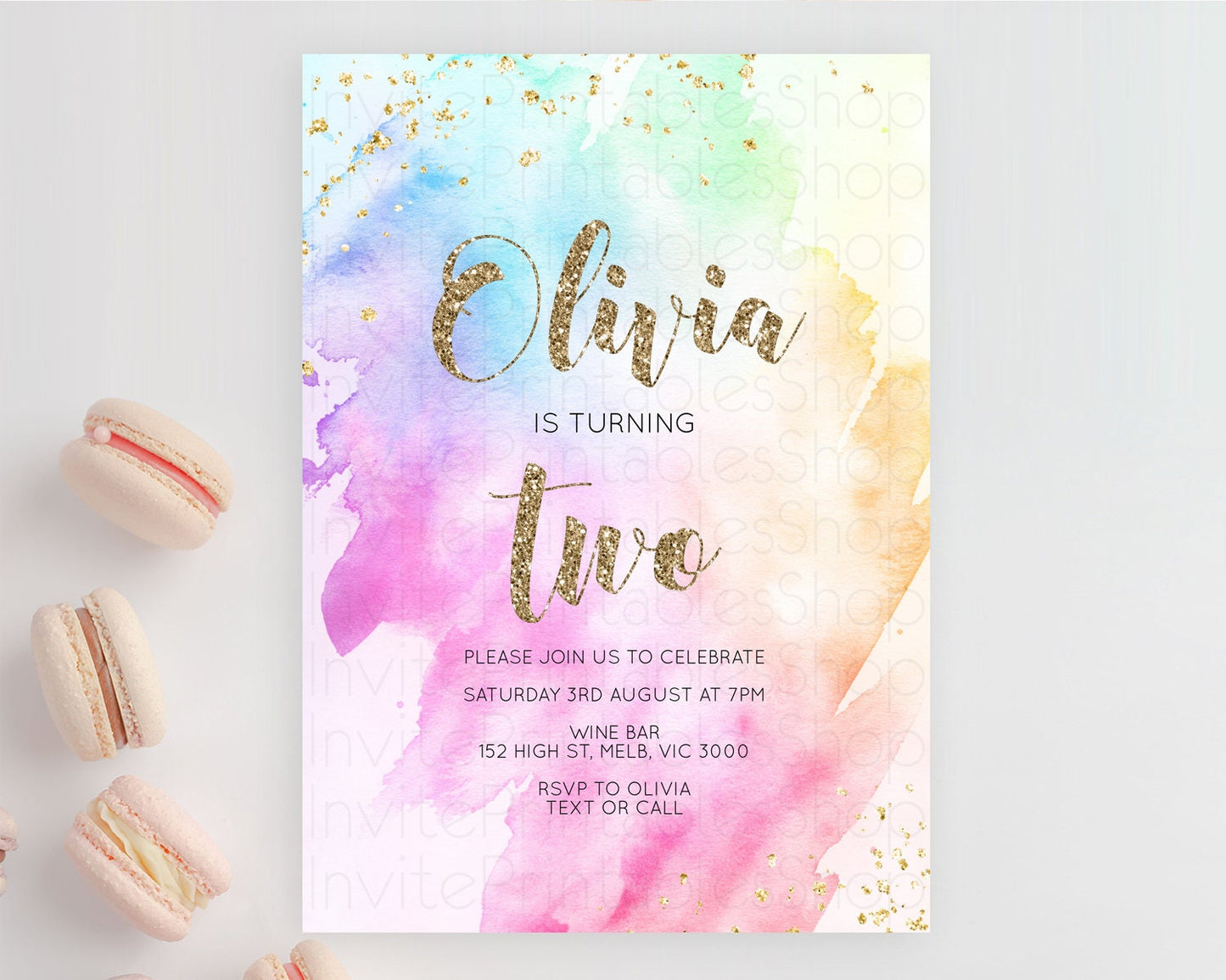 Rainbow Birthday Invitation Colorful Pastel Watercolor Invitation Gold Glitter Sprinkles Ombre Pastel 1st 2nd 3rd Birthday D10450