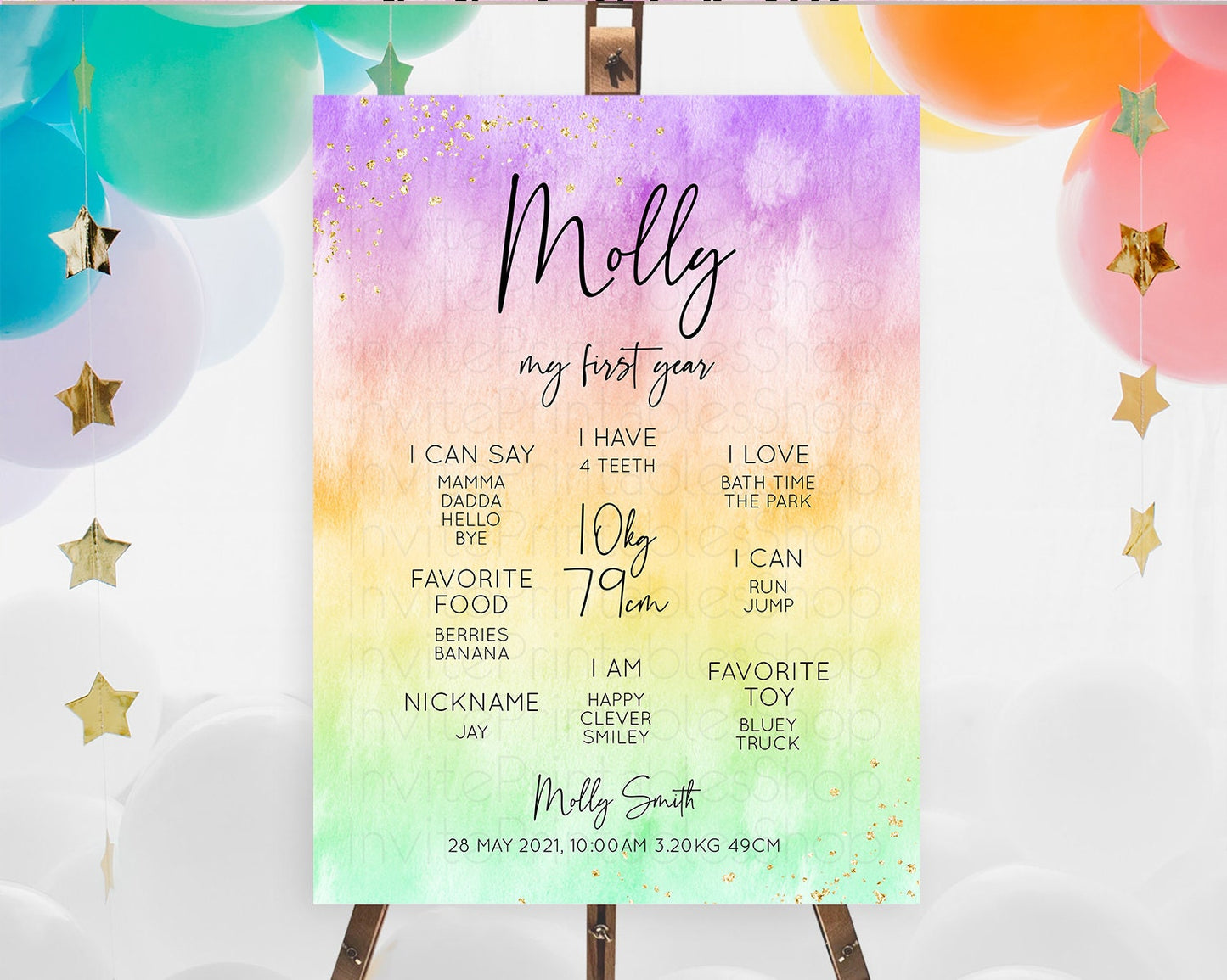 Pastel First Birthday Milestone Board Pastel Rainbow Milestone Poster Colorful Confetti Watercolor Glitter 1st Birthday Welcome Sign D10514