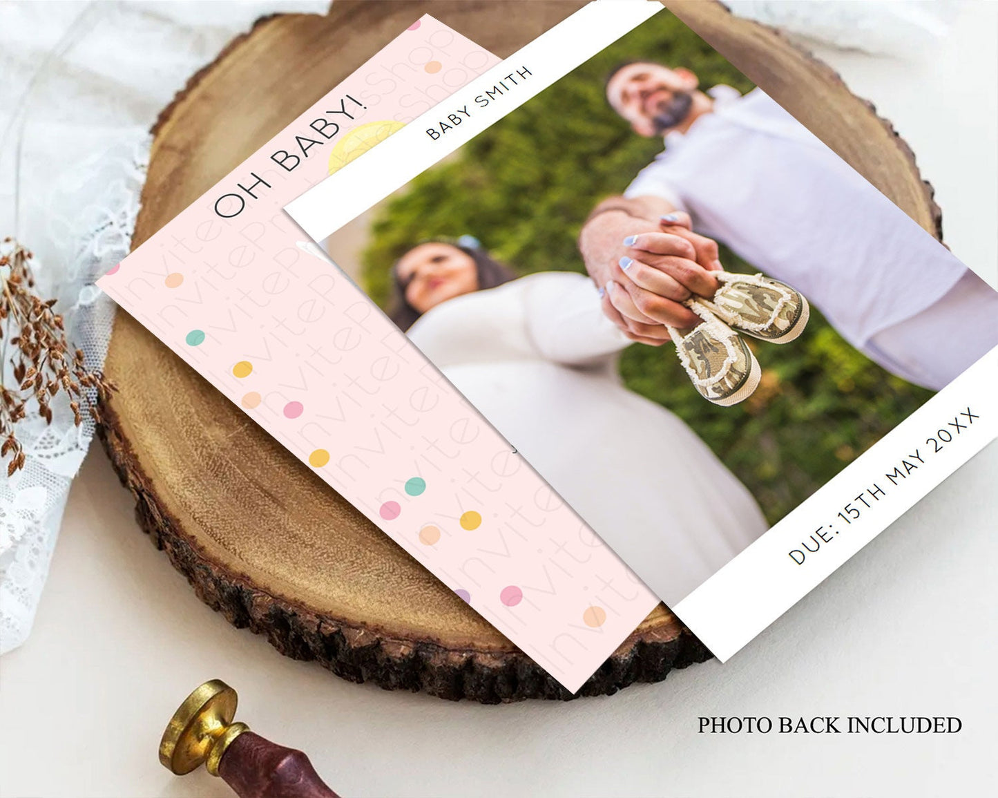 Bunny Baby Shower Invitation, Oh Baby, Cute Bunny Holding Yellow Balloon - Light Pink, Pastel Colorful Confetti - Sweet Pastel Theme D10219