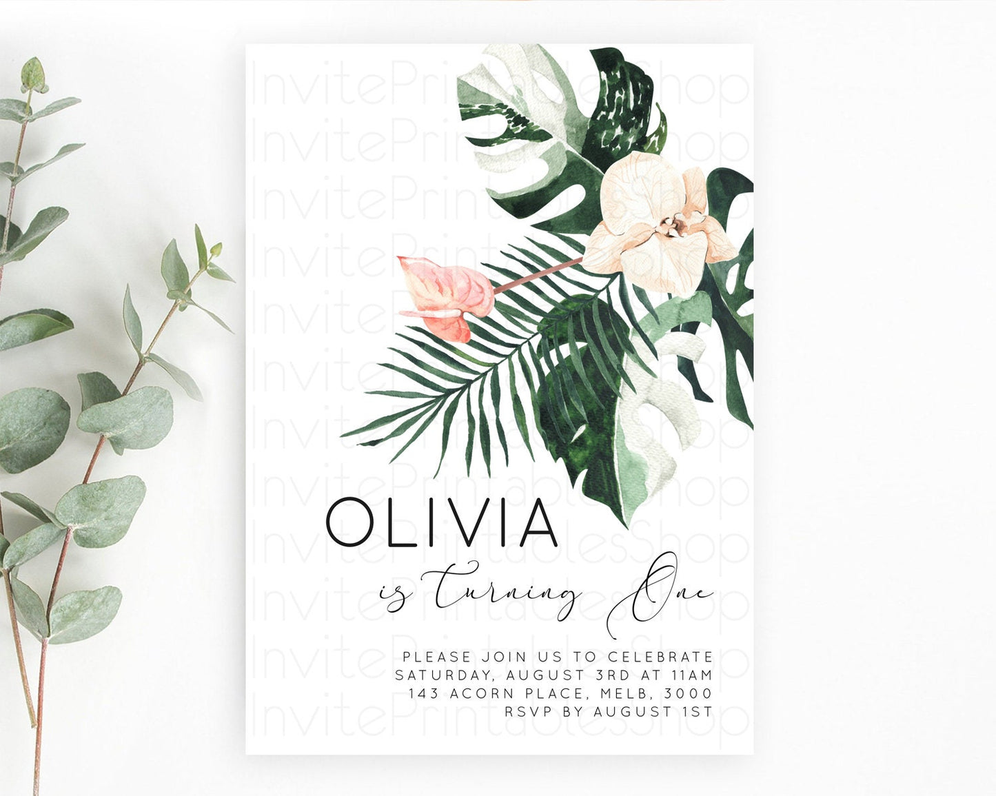 Tropical Invitation Tropical Birthday Invitation Tropical Floral Invitation Palm Leaf Fern Invite Frangipani White Orchid Invitation D11016