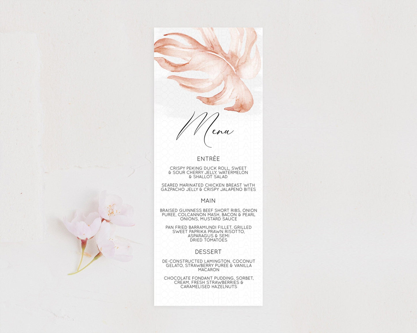 Tropical Menu Template Tropical Menu Palm Leaf Fern Table Decor Frangipani Floral White Orchid Dinner Dessert Menu Party Food Menu D11044
