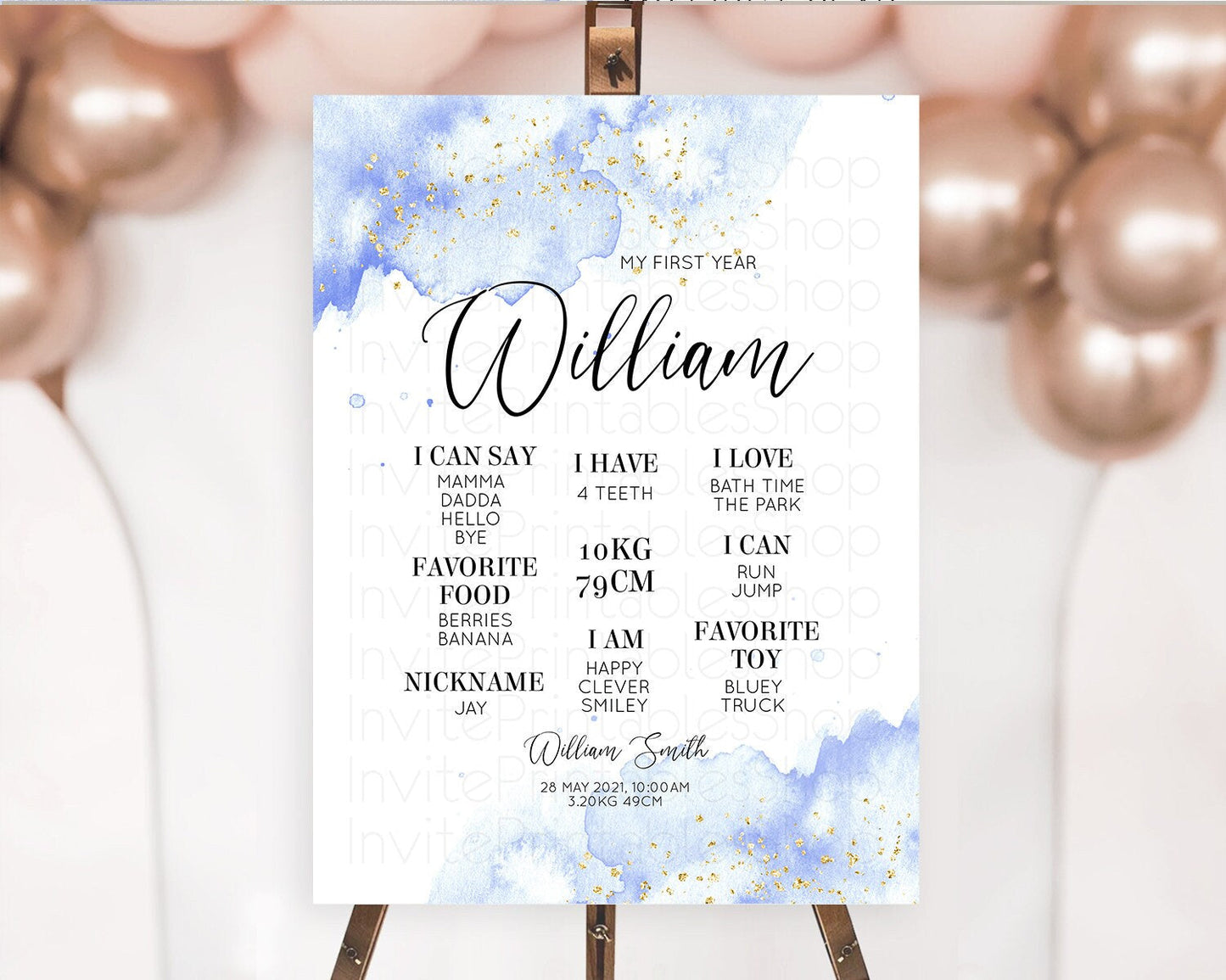 Blue First Birthday Milestone Poster Blue Watercolor Milestone Board Pastel Blue Watercolor Splash Milestone Board 1st Birthday Sign D10313