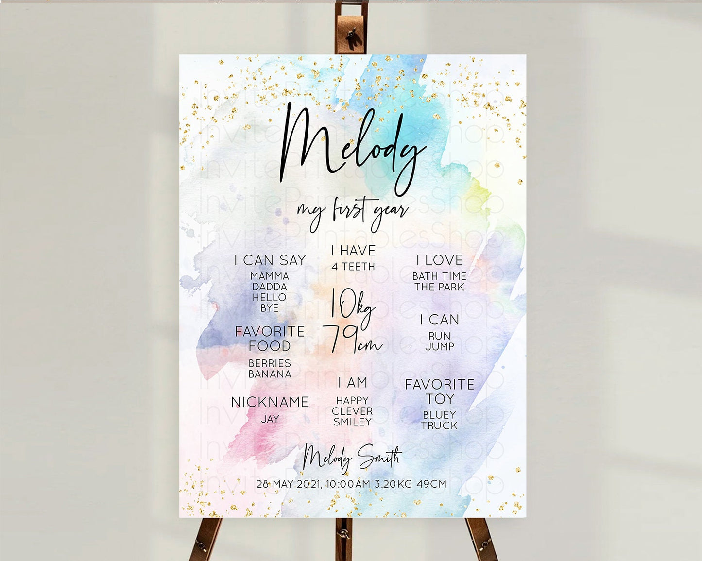 Pastel First Birthday Milestone Board Pastel Rainbow Milestone Poster Colorful Confetti Watercolor Glitter 1st Birthday Welcome Sign D10424