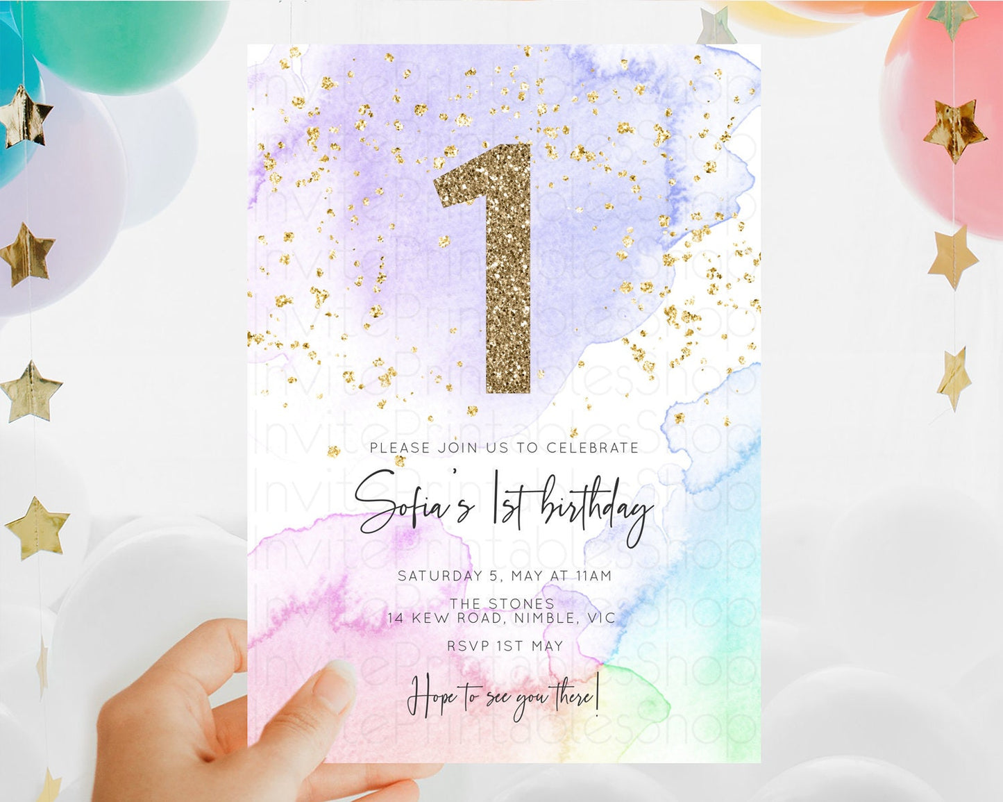 Rainbow Birthday Invitation Colorful Pastel Watercolor Invitation Gold Glitter Sprinkles Ombre Pastel 1st 2nd 3rd Birthday D10215