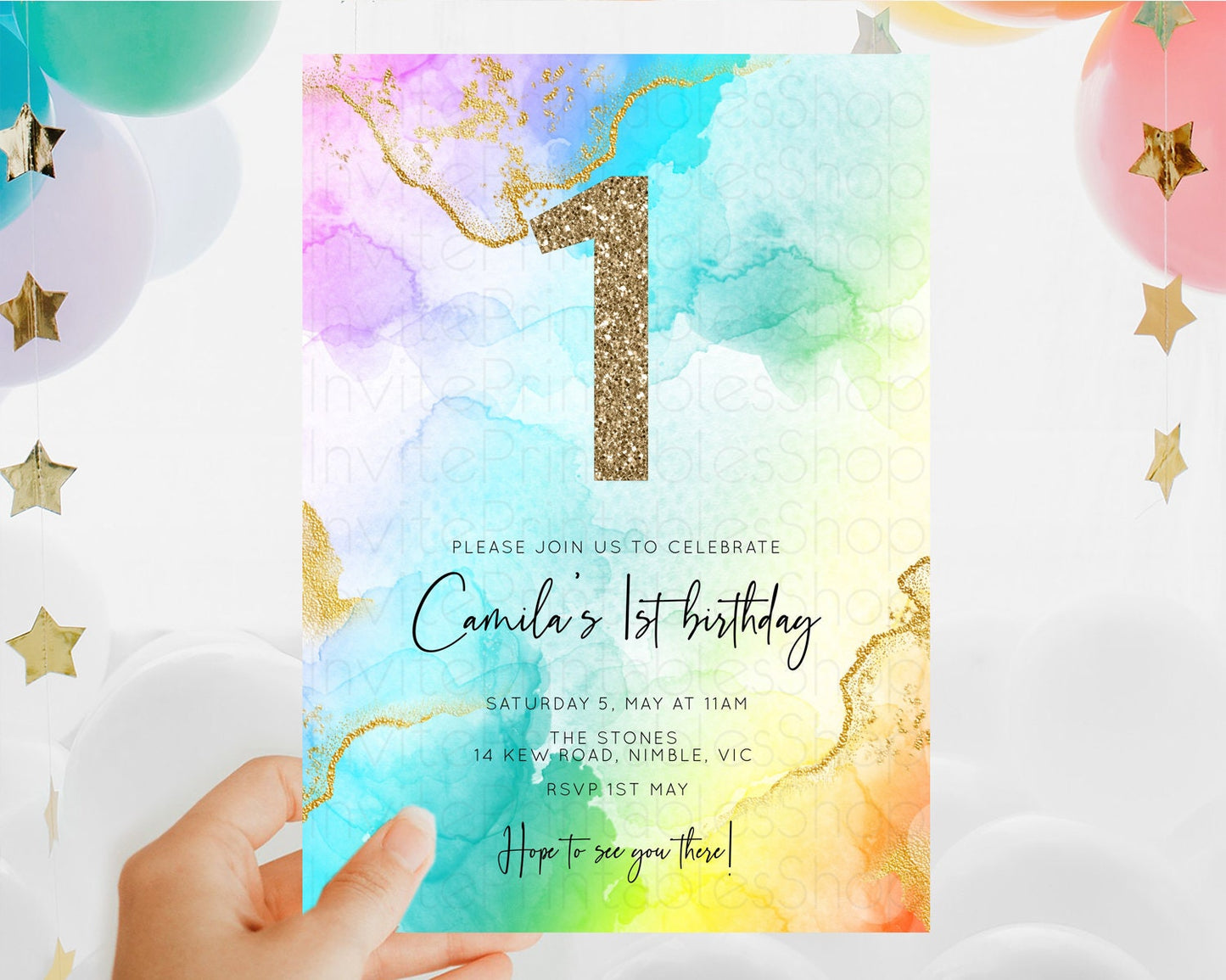 Rainbow Birthday Invitation Colorful Pastel Watercolor Invitation Gold Glitter Sprinkles Ombre Pastel 1st 2nd 3rd Birthday D10390