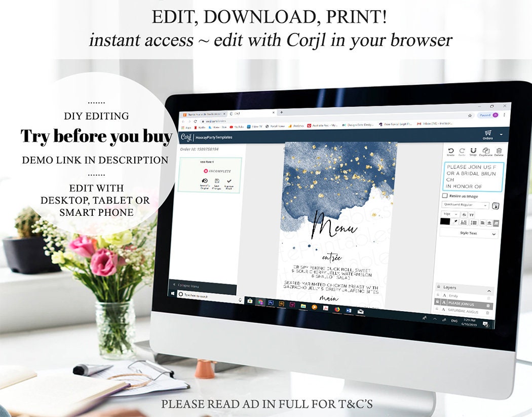 Navy Gold Menu Navy Splash Table Menu Blue Watercolor Plate Table Decor Wedding Menu Birthday Menu Bridal Shower Menu Baby Shower Menu 358