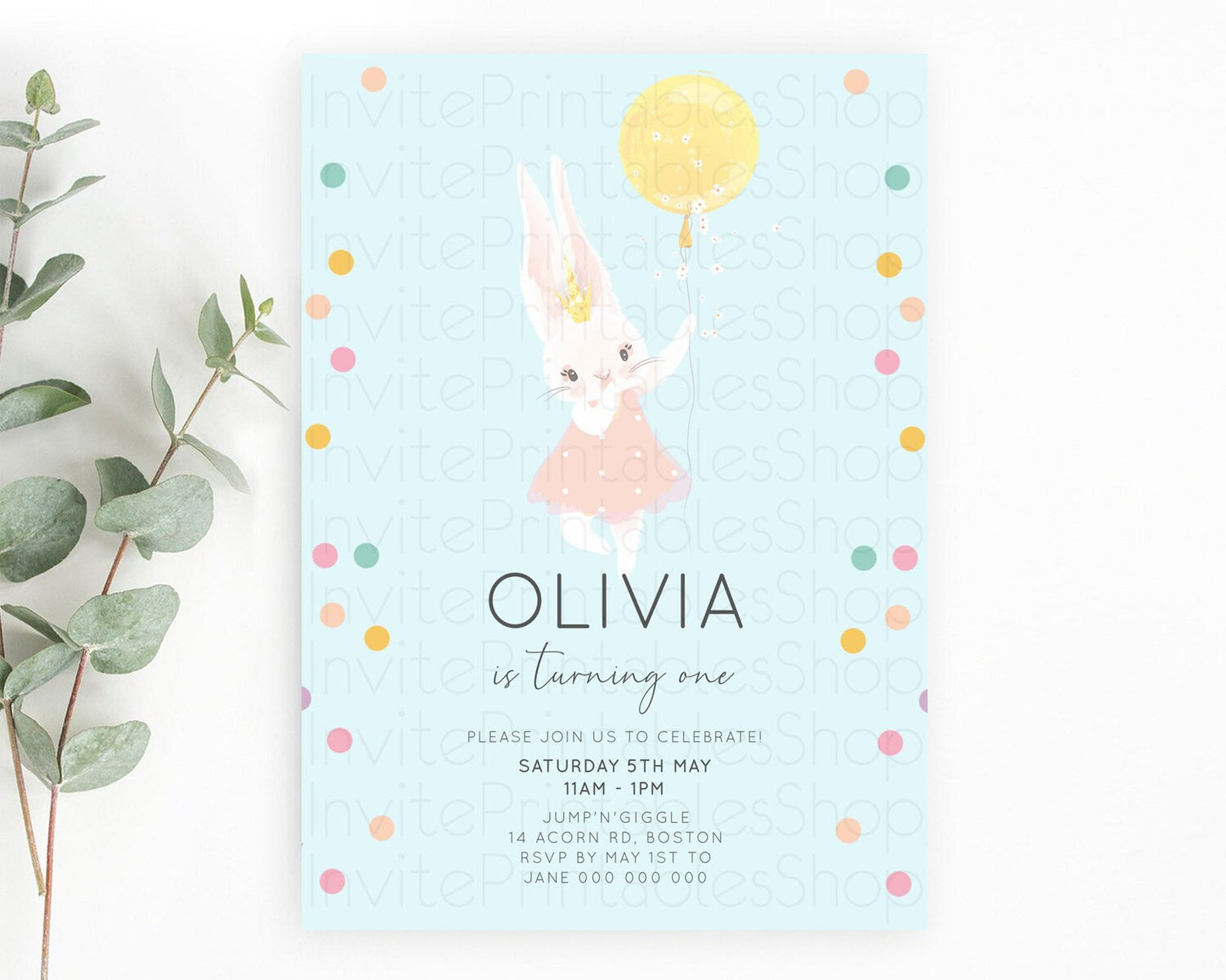Bunny Birthday Invitation Pastel Bunny Invitation Bunny Balloon Invites Pastel Confetti Balloon Bunny Invites 2nd 1st First Birthday 199v3