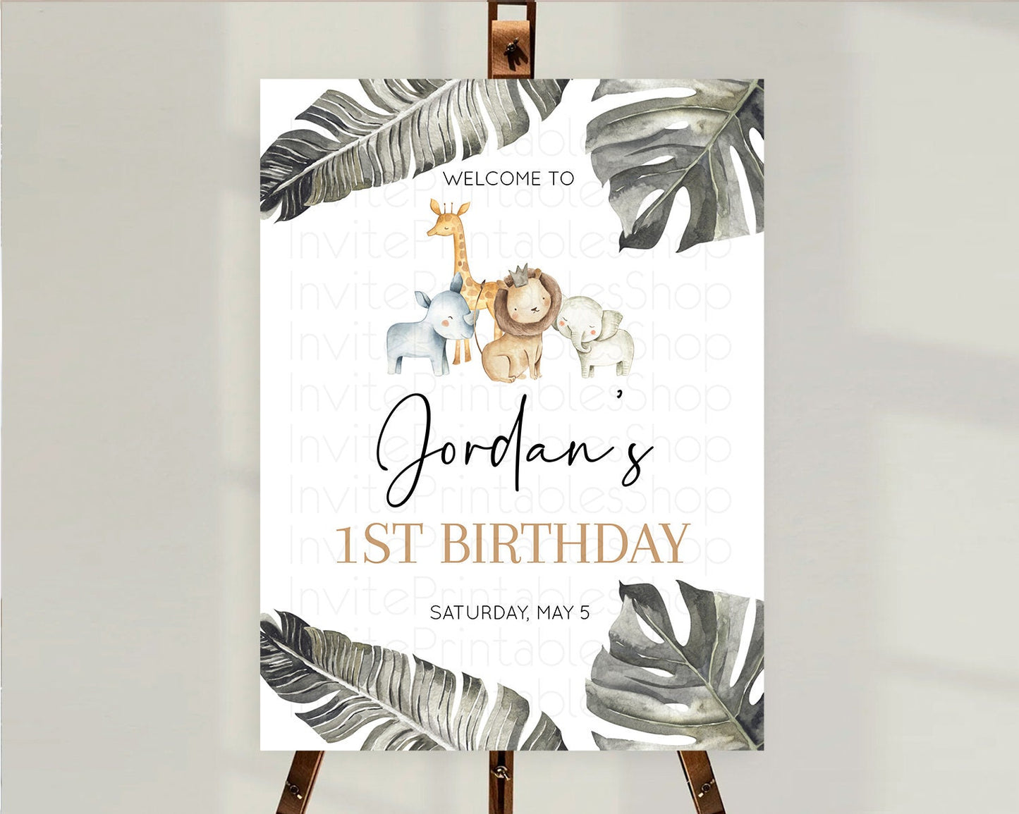 Safari Welcome Sign Safari Welcome Board Lion Gorilla Elephant Rhino Tropical Palm Zoo Party Decor First Birthday Welcome Sign D10599