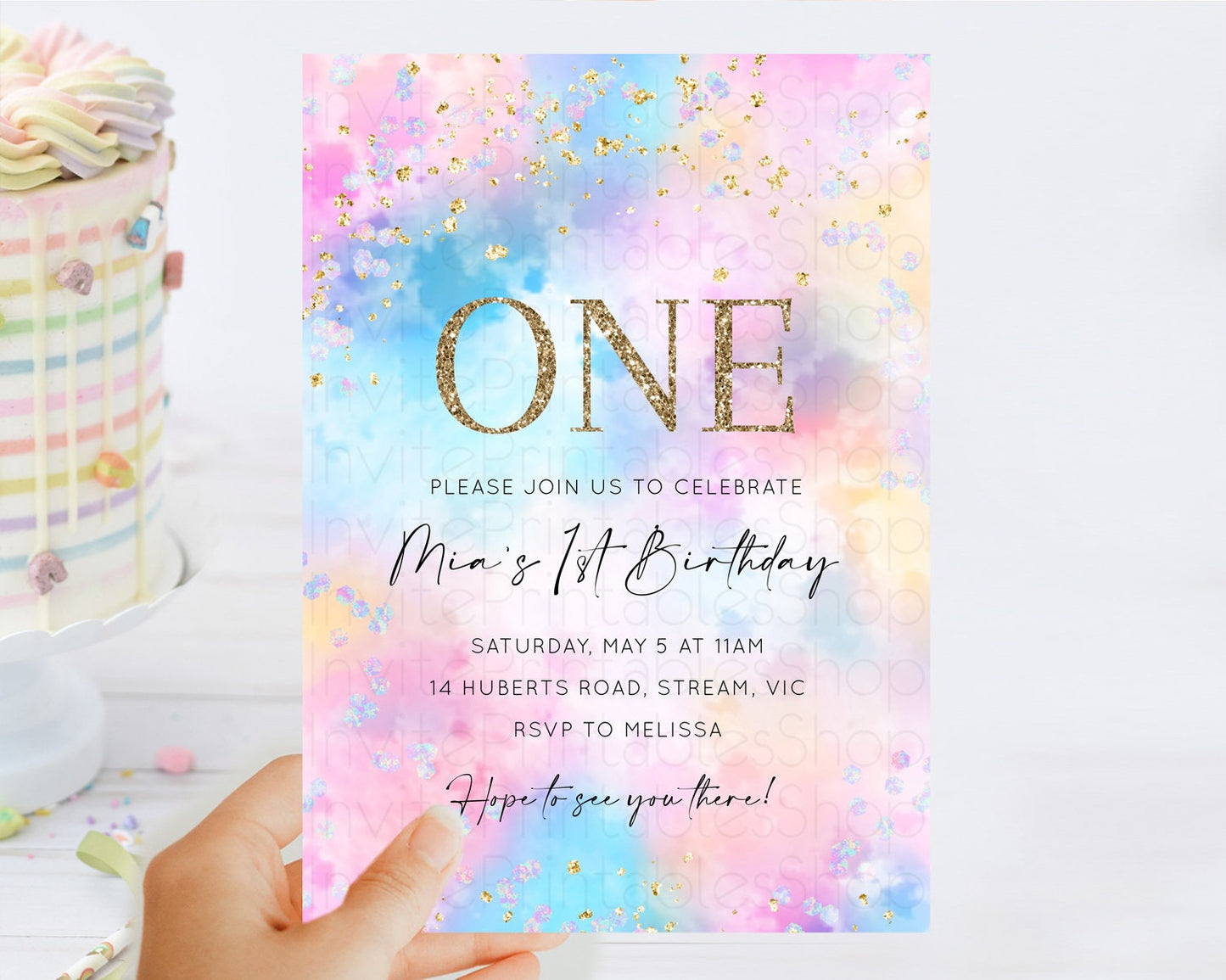 Rainbow Birthday Invitation Colorful Pastel Watercolor Invitation Gold Glitter Sprinkles Ombre Pastel 1st 2nd 3rd Birthday D10607