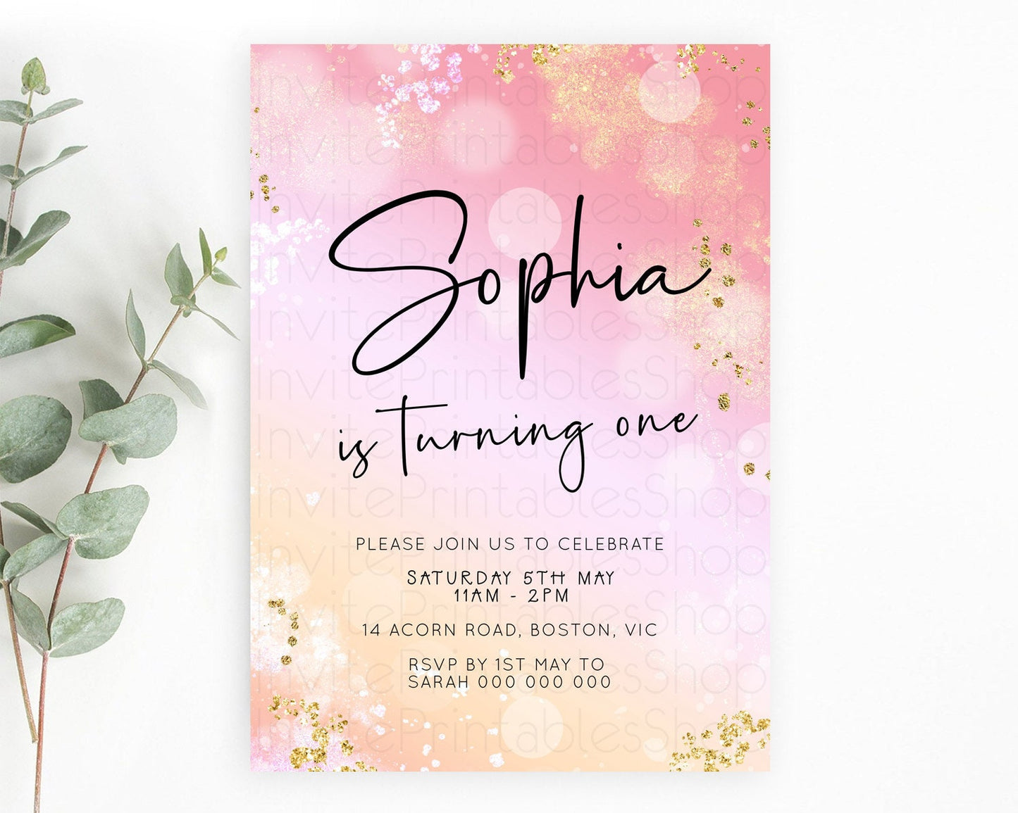 Pink Birthday Invitation pink Watercolor Invitation Pastel pink Watercolor Invitation pink Splash Gold Invitation 1st First Birthday D23095