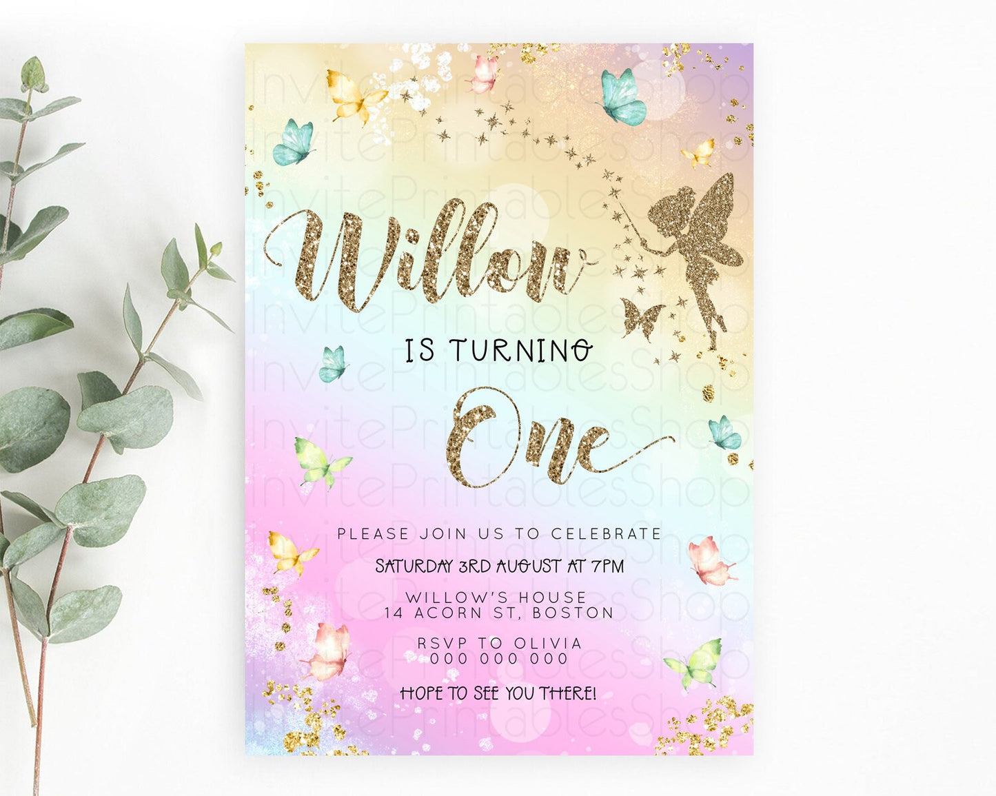 Pastel Fairy Birthday Invitation Pastel Butterflies Fairy Birthday Invitation Rainbow Ombre Watercolor 1st 2nd Birthday Invitation D23155