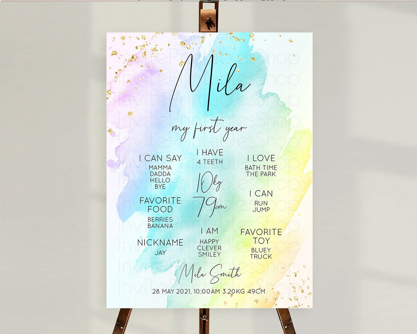 Pastel First Birthday Milestone Board Pastel Rainbow Milestone Poster Colorful Confetti Watercolor Glitter 1st Birthday Welcome Sign D10773