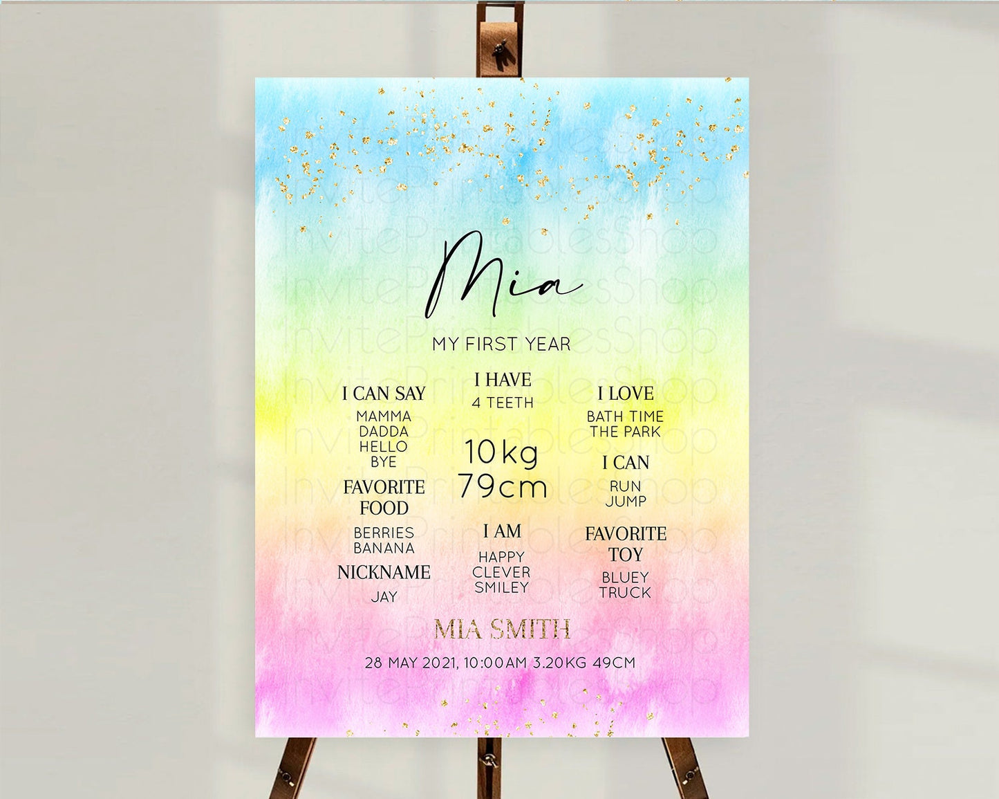 Pastel First Birthday Milestone Board Pastel Rainbow Milestone Poster Colorful Confetti Watercolor Glitter 1st Birthday Welcome Sign D10483