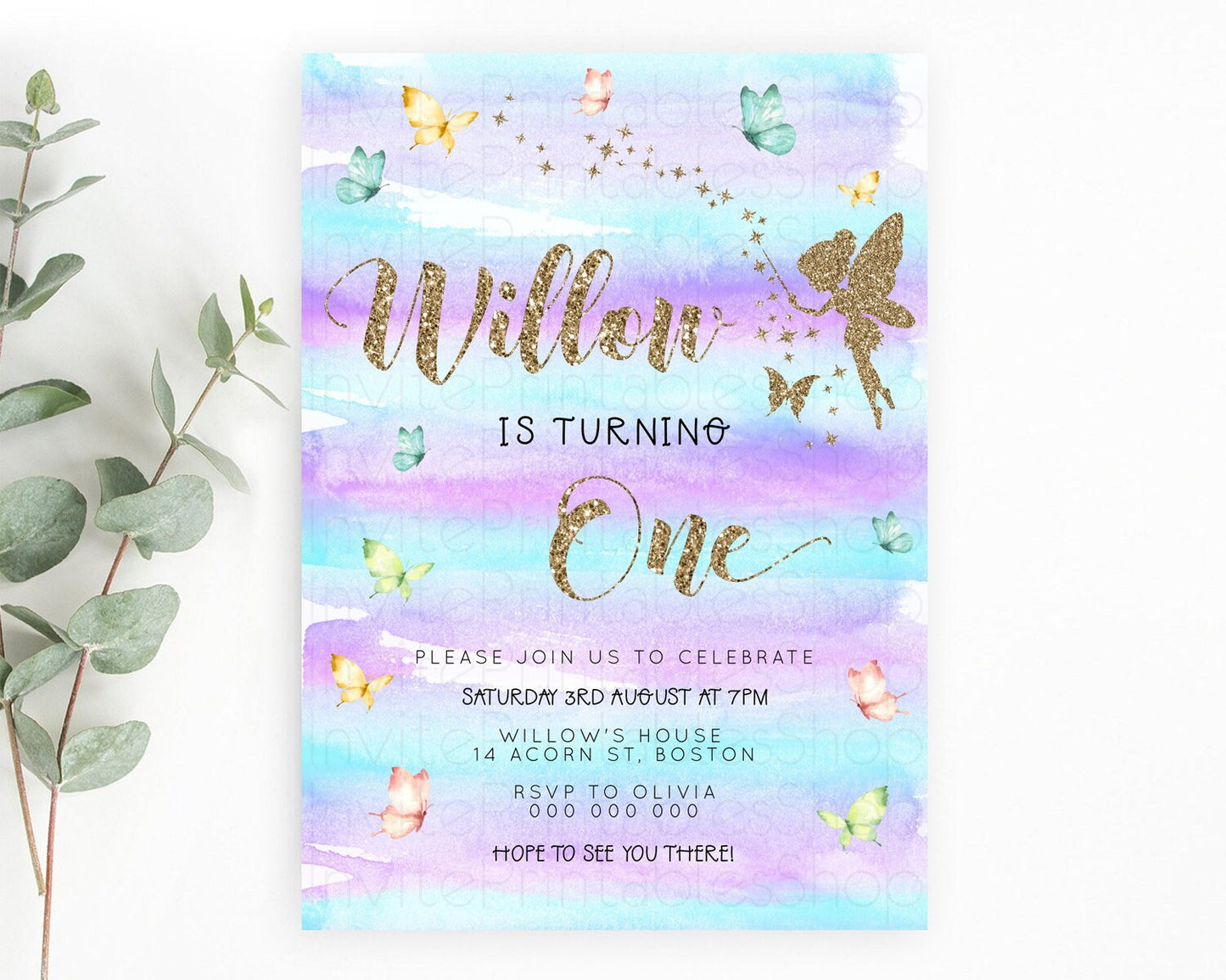 Pastel Fairy Birthday Invitation Pastel Butterflies Fairy Birthday Invitation Rainbow Ombre Watercolor 1st 2nd Birthday Invitation D23311