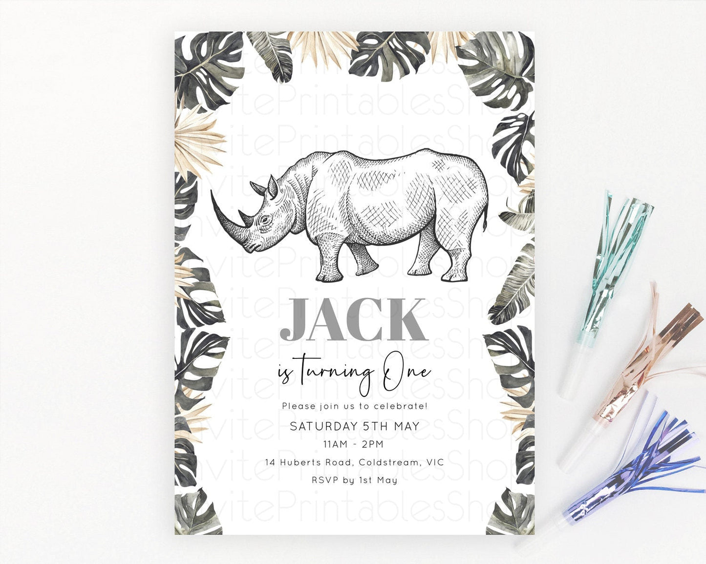 Rhino Birthday Invitation Rhino Invitation Rhino Birthday Rhino Safari Adventure Invite Rhino Palm Leaf Invite Zoo Party D10826