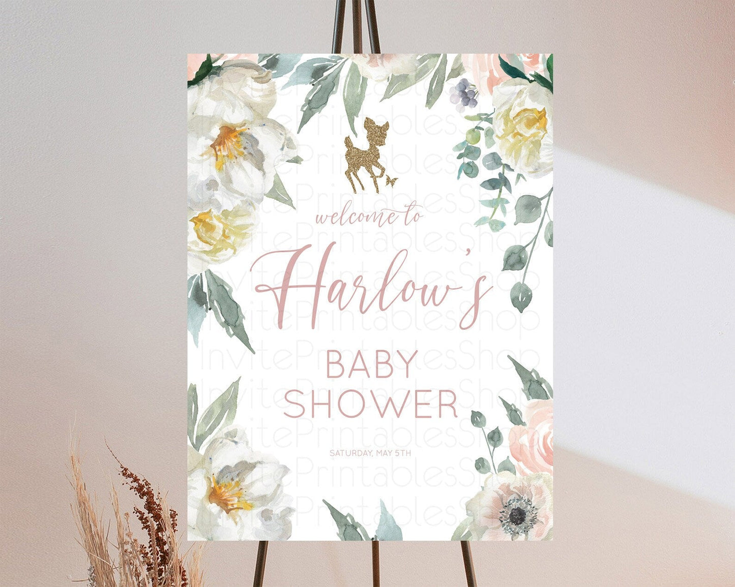 Fawn Baby Shower Welcome Sign Deer Welcome Board Floral Deer Welcome Poster Enchanted Forest Butterfly Pastel Floral Welcome Sign D10120