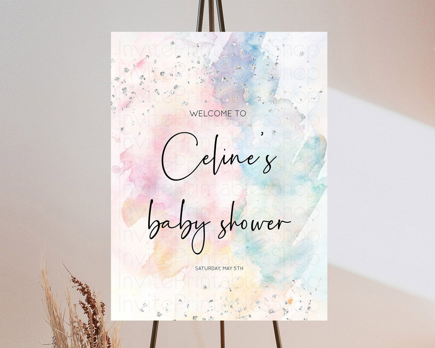 Pastel Rainbow Baby Shower Welcome Sign Pastel Welcome Board Pastel Colorful Party Poster Confetti Watercolor Silver Welcome Sign D10945