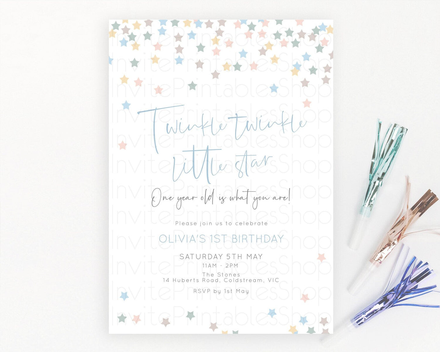 Star Birthday Invitation Pastel Stars Invite Shooting Star Party Rainbow Colorful Confetti Twinkle Little Star 2nd First Birthday D10795