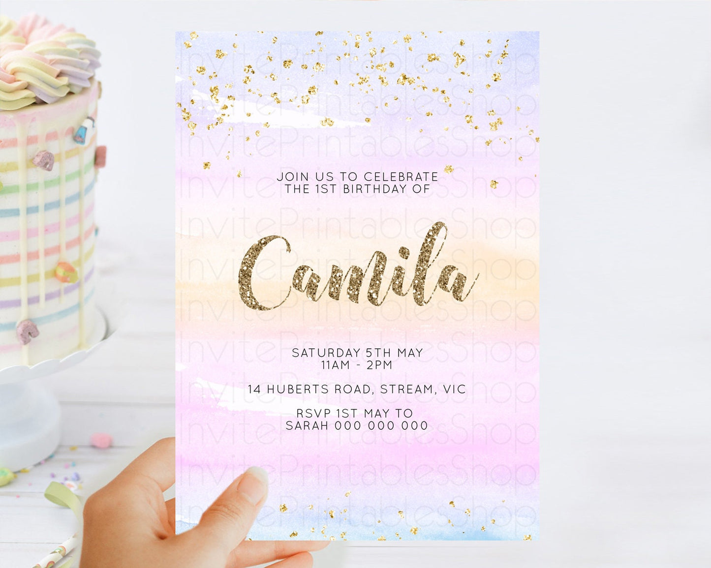 Rainbow Birthday Invitation Colorful Pastel Watercolor Invitation Gold Glitter Sprinkles Ombre Pastel 1st 2nd 3rd Birthday D10595