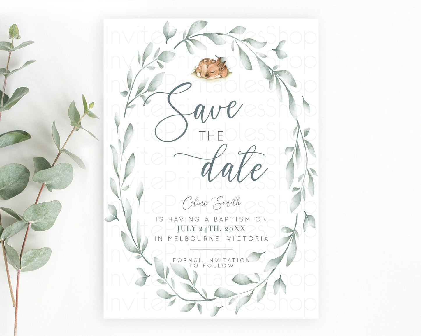 Fawn Deer Save The Date Template Pastel Floral Deer Enchanted Forest Butterfly Party 1st Birthday Baptism Baby Shower Bridal Shower D10935