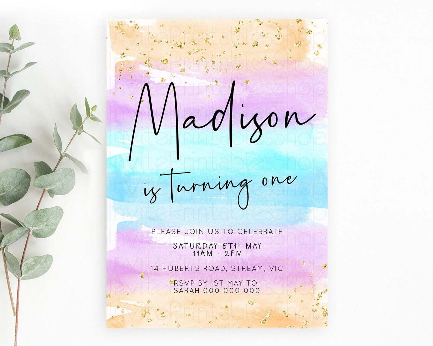 Pastel Birthday Invitation Ombre Watercolor Birthday Invitation Glitter Rainbow Color Splash 1st 2nd 3rd Birthday Invitation D23041