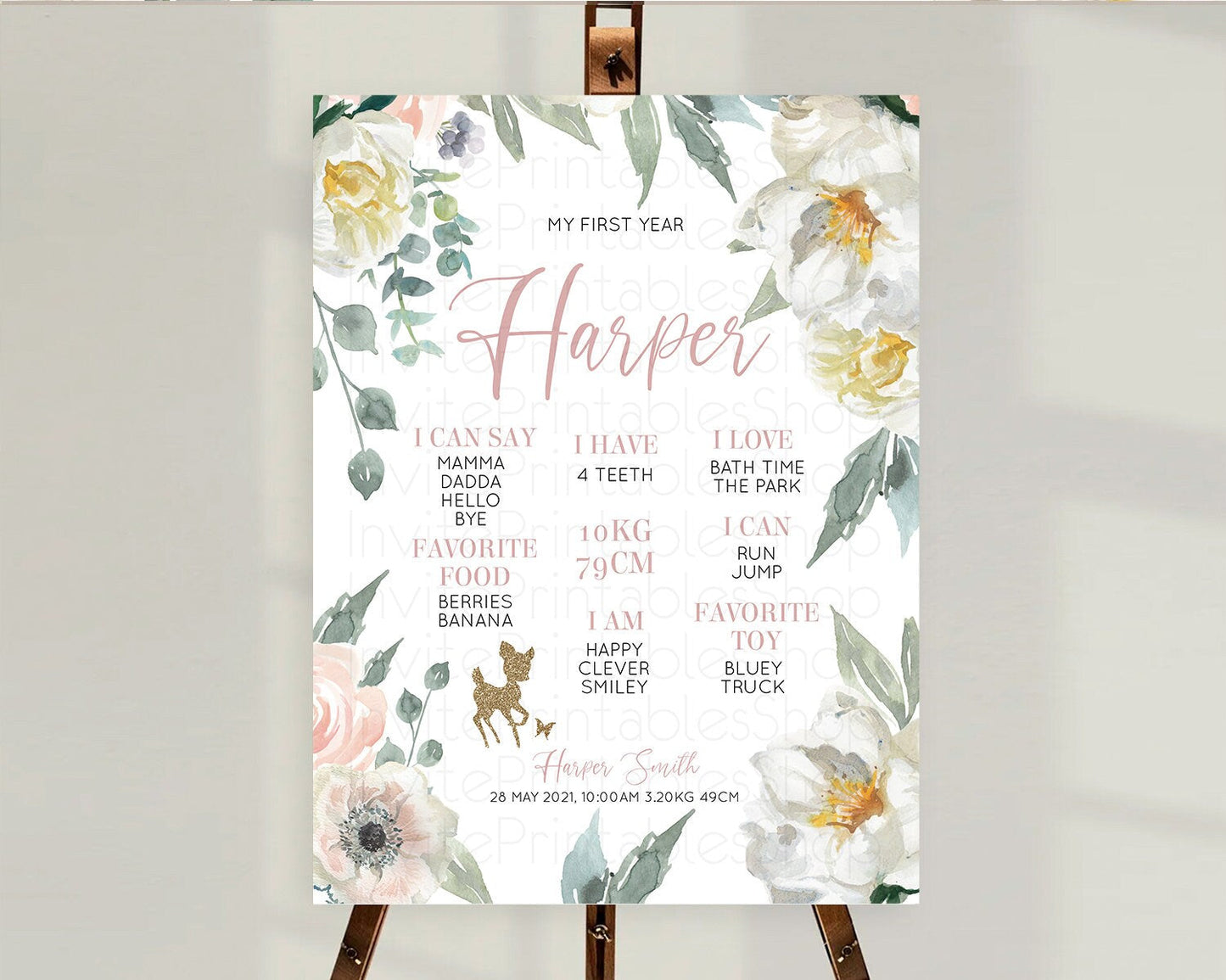 Fawn First Birthday Milestone Board Deer First Birthday Milestone Poster Enchanted Forest Butterfly Pastel Flowers 1st Birthday Sign D10120