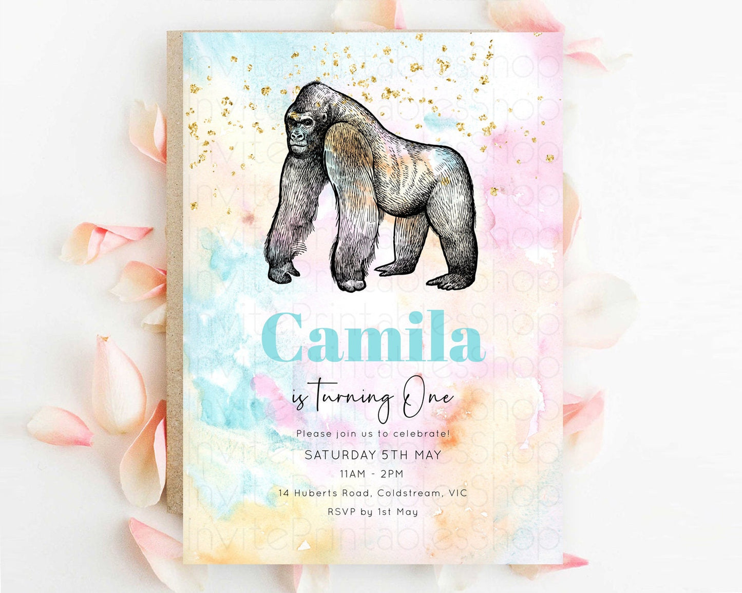 Pastel Gorilla Birthday Invitation Pastel Gorilla Invitation Rainbow Gorilla Invitation Pastel Watercolor Invite Safari Zoo Glitter D10284