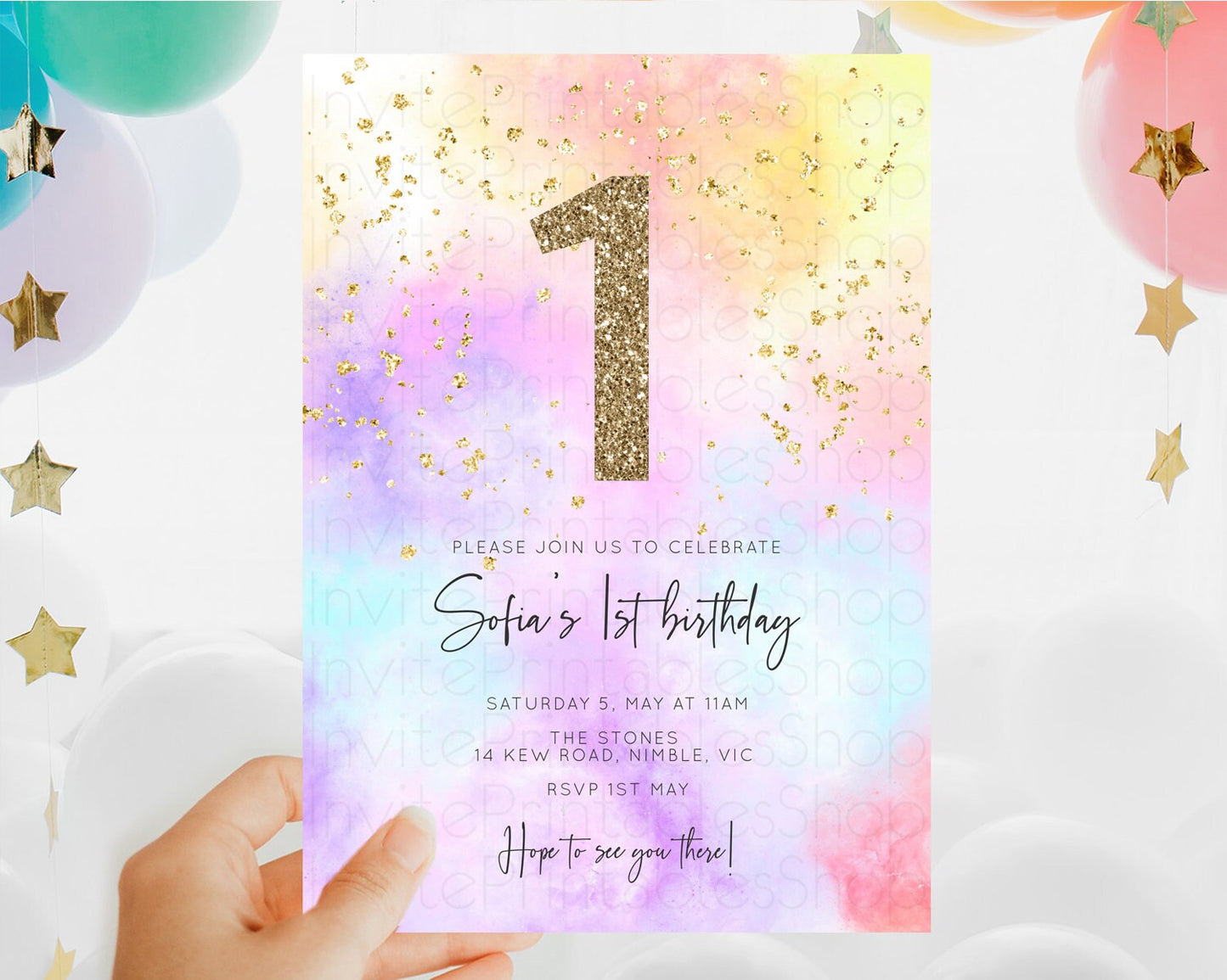 Rainbow Birthday Invitation Colorful Pastel Watercolor Invitation Gold Glitter Sprinkles Ombre Pastel 1st 2nd 3rd Birthday D10437