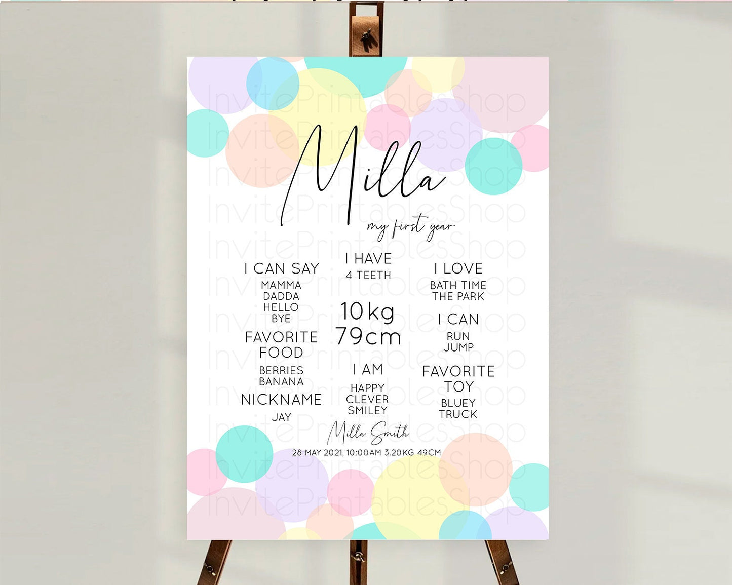 Pastel First Birthday Milestone Poster Pastel Rainbow Confetti First Birthday Milestone Board Colorful Bubbles Birthday Welcome Sign D10784