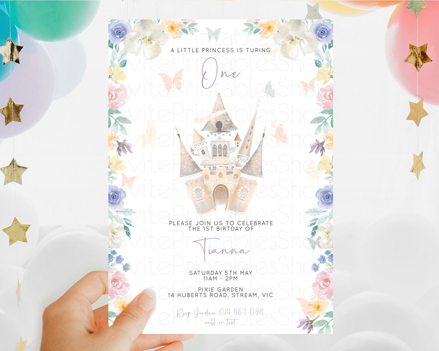 Princess Birthday Invitation Castle Invitation Royal Birthday Fairy Tale Enchanted Castle Pastel Floral Garden 1st First Birthday D10709