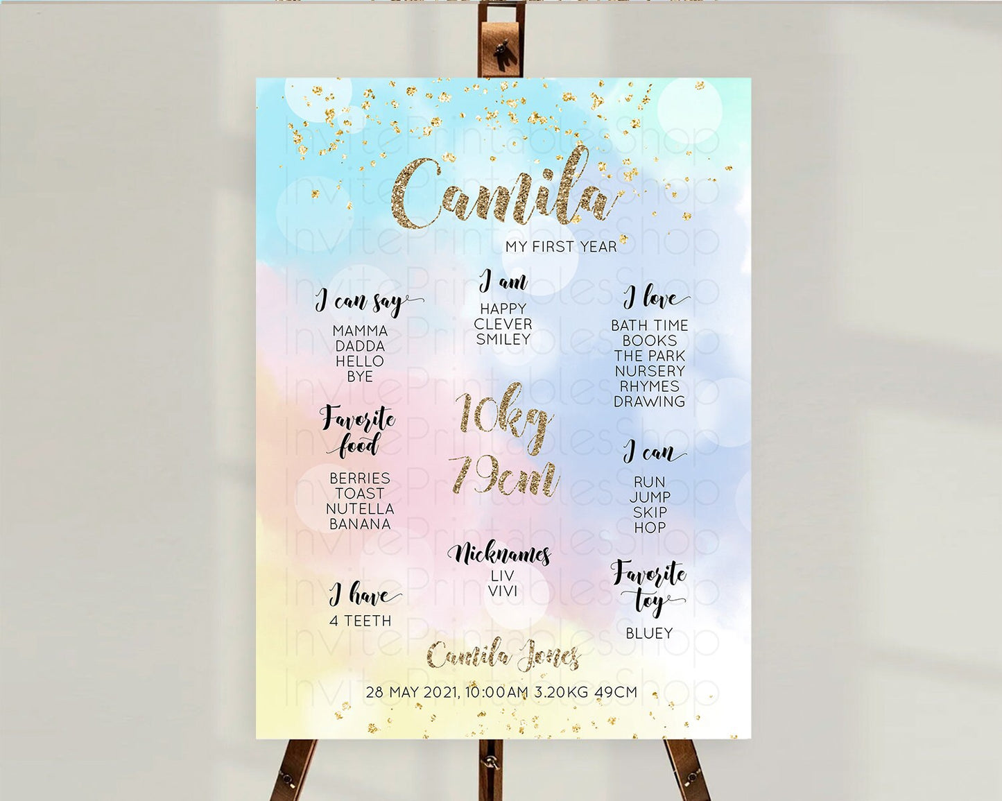 Pastel First Birthday Milestone Board Pastel Rainbow Milestone Poster Colorful Confetti Watercolor Glitter 1st Birthday Welcome Sign D10367