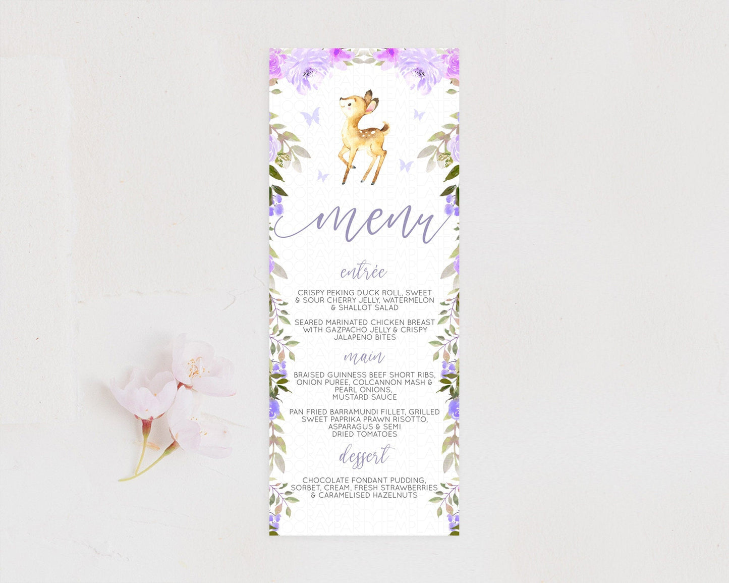 Fawn Menu Deer Menu Template Pastel Floral Deer Table Decor Enchanted Forest Butterfly Floral Dinner Dessert Menu Party Food Menu D10916