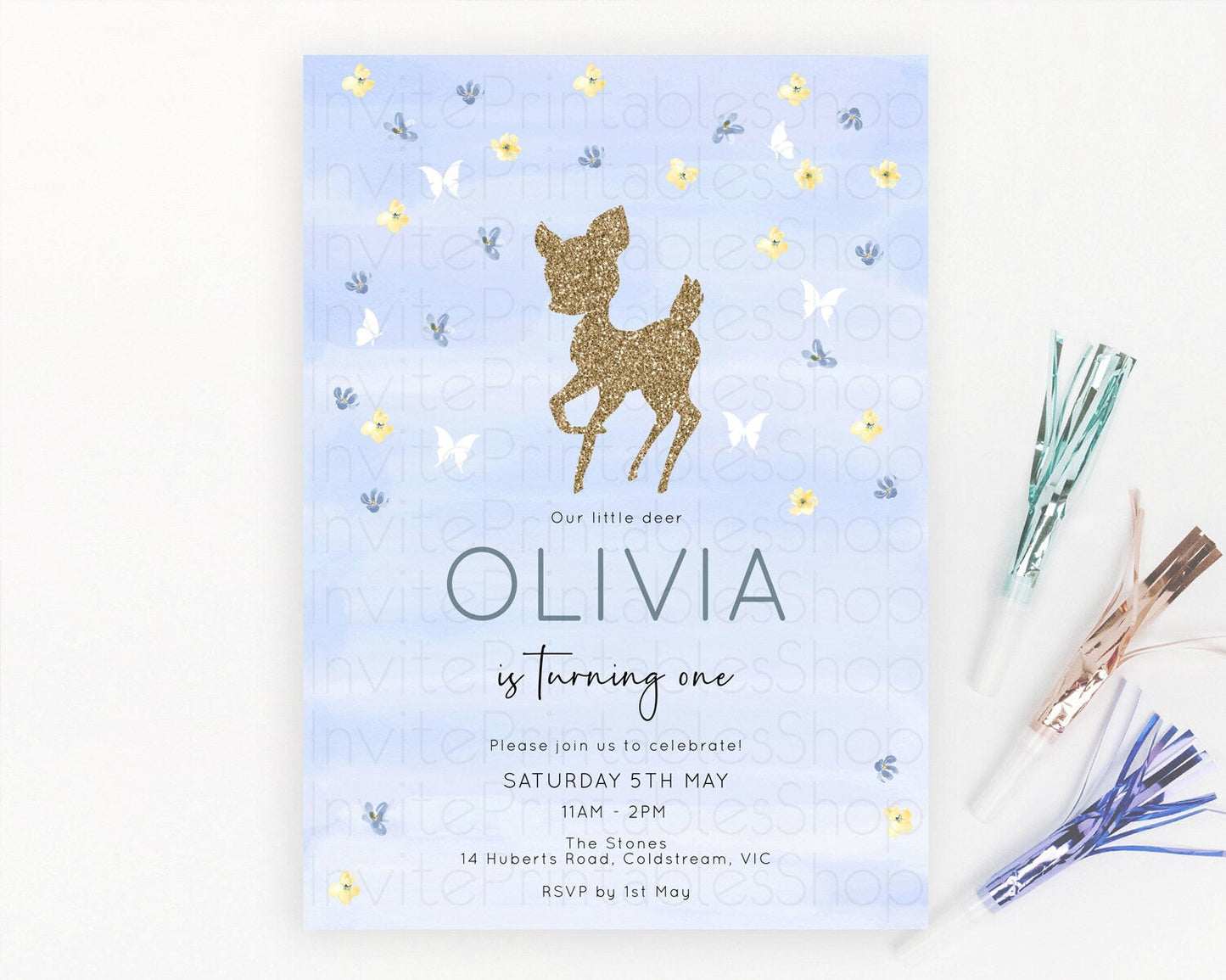 Fawn Birthday Invitation Deer Birthday Invitation Enchanted Forest Party Butterfly Pastel Flowers Whimsical 2nd 1st First Birthday D10863