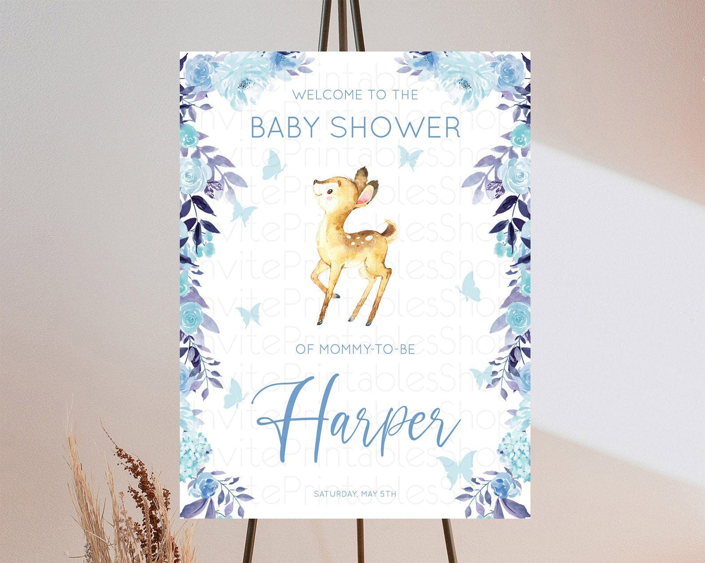 Fawn Baby Shower Welcome Sign Deer Welcome Board Floral Deer Welcome Poster Enchanted Forest Butterfly Pastel Floral Welcome Sign D10917