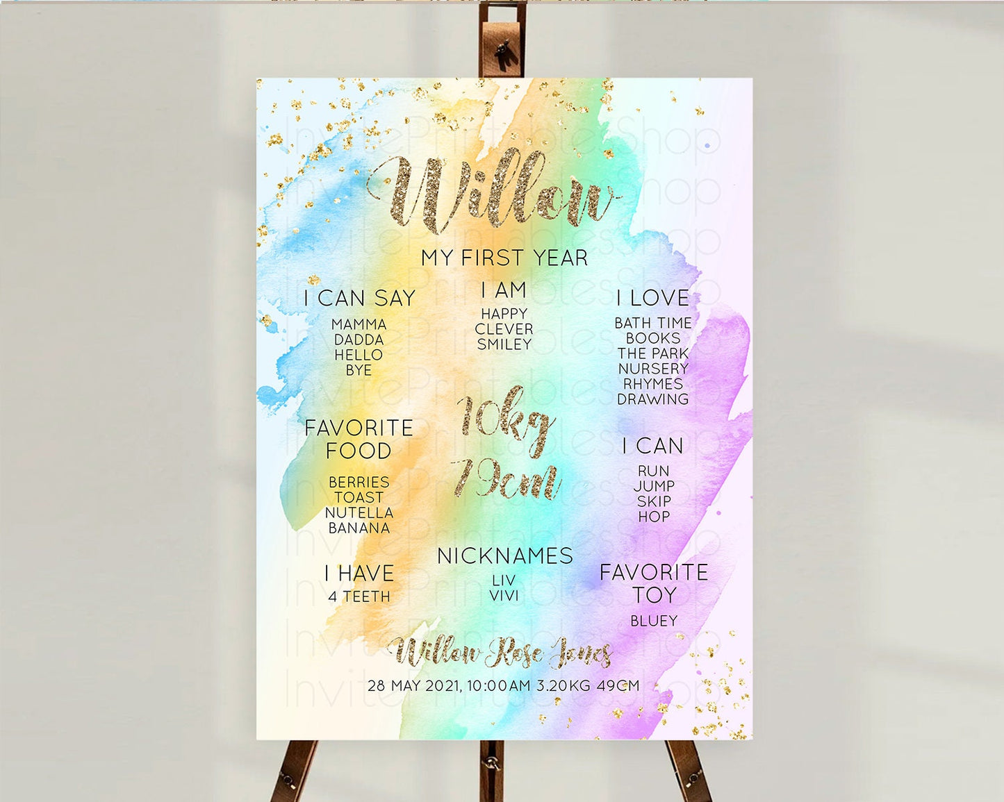 Pastel First Birthday Milestone Board Pastel Rainbow Milestone Poster Colorful Confetti Watercolor Glitter 1st Birthday Welcome Sign D10426