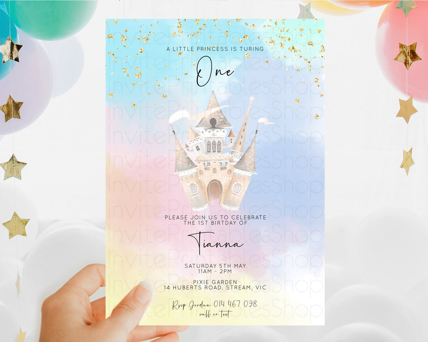 Princess Birthday Invitation Princess Invitation Pastel Invitation Royal Birthday Rainbow Color Enchanted Castle 1st First Birthday D10376