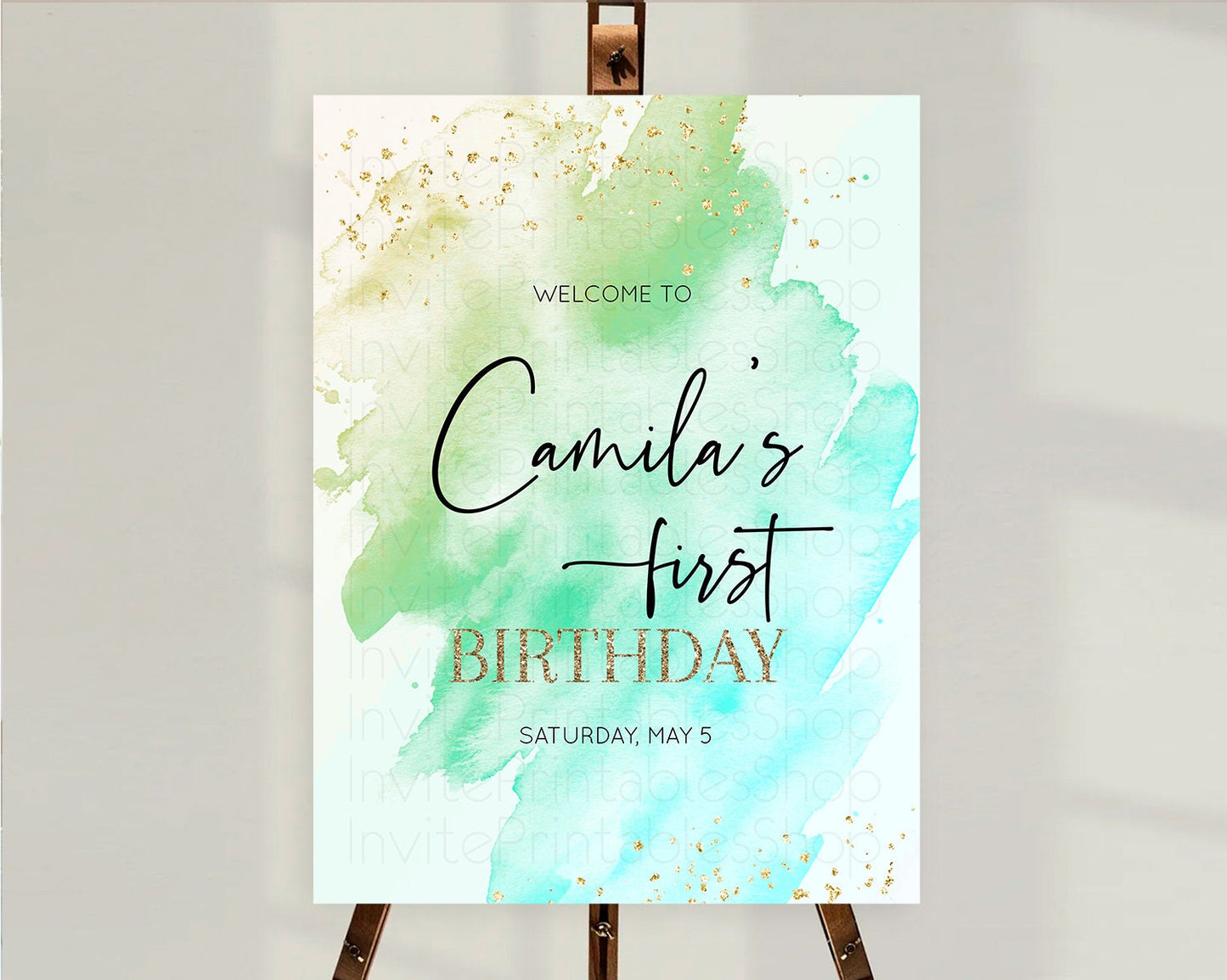 Green Welcome Sign Green Watercolor Welcome Board Pastel Green Party Decor Splash Welcome Poster First Birthday Welcome Sign D10170