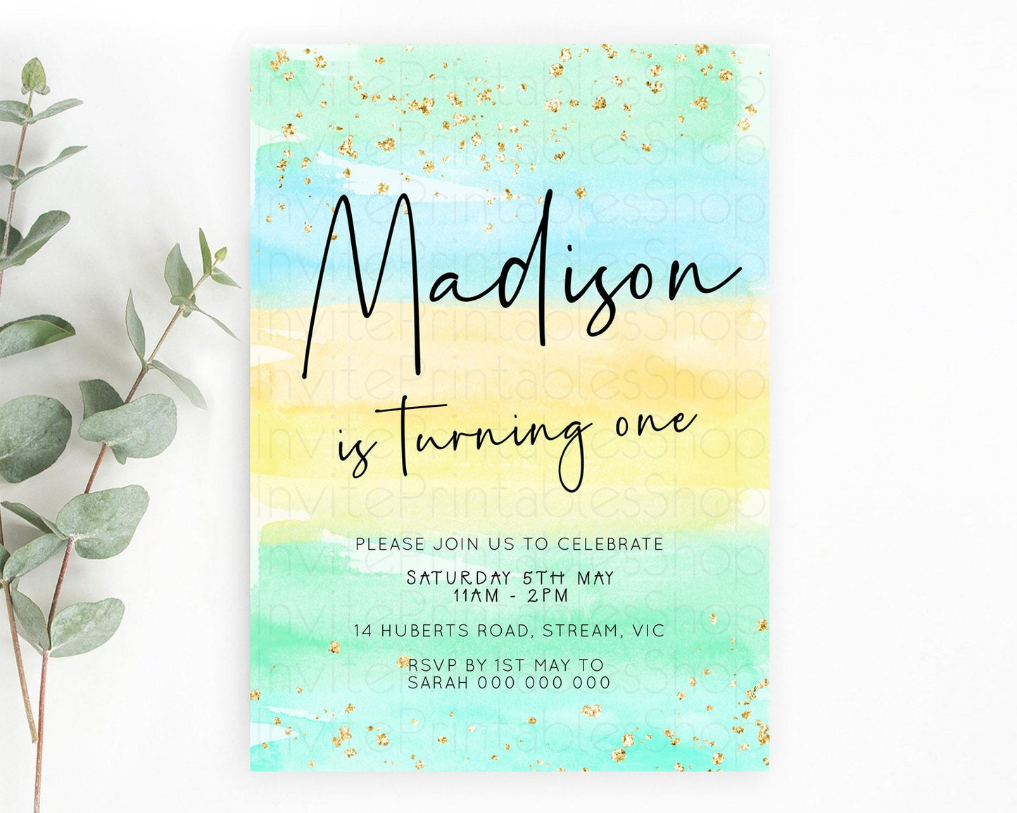 Pastel Birthday Invitation Ombre Watercolor Birthday Invitation Glitter Rainbow Color Splash 1st 2nd 3rd Birthday Invitation D23038