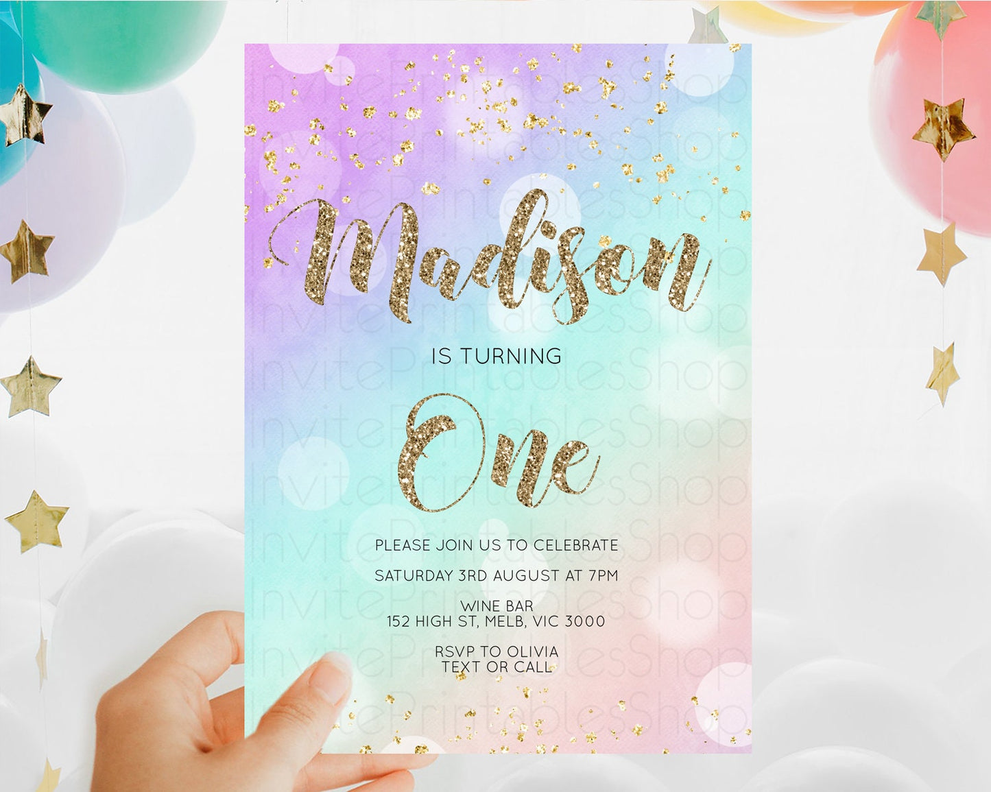 Rainbow Birthday Invitation Colorful Pastel Watercolor Invitation Gold Glitter Sprinkles Ombre Pastel 1st 2nd 3rd Birthday D10621
