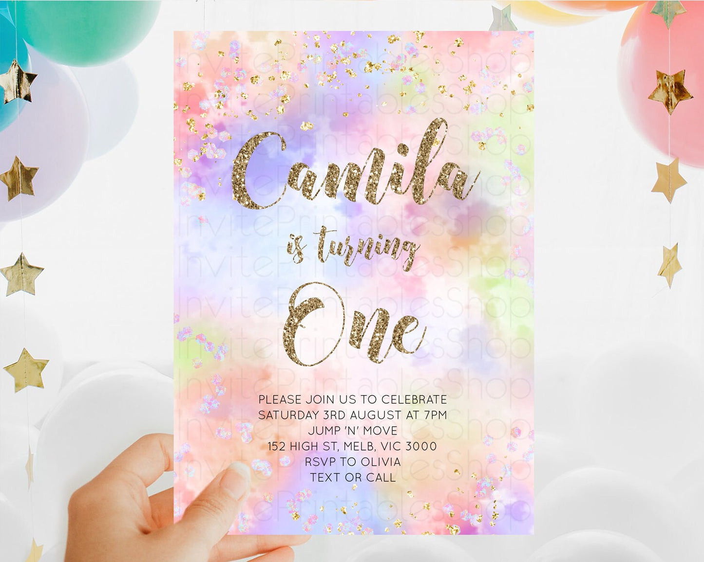 Rainbow Birthday Invitation Colorful Pastel Watercolor Invitation Gold Glitter Sprinkles Ombre Pastel 1st 2nd 3rd Birthday D11019