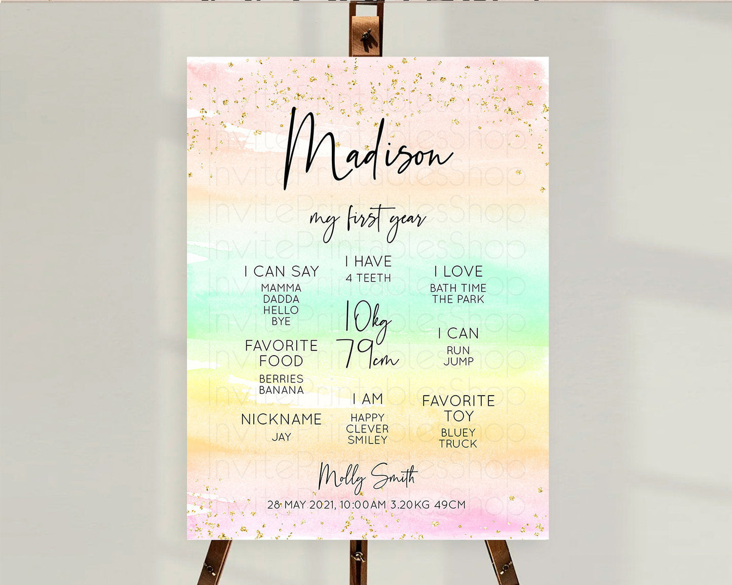 Pastel First Birthday Milestone Board Pastel Rainbow Milestone Poster Colorful Confetti Watercolor Glitter 1st Birthday Welcome Sign D10591