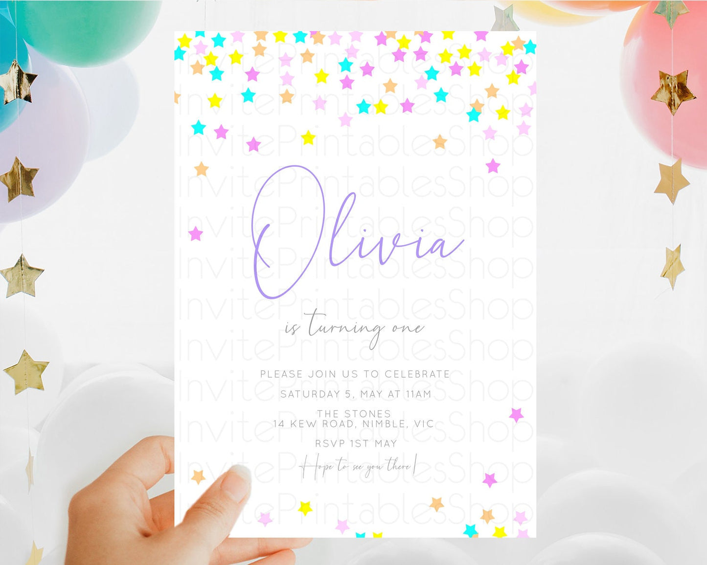 Star Birthday Invitation Pastel Stars Invite Shooting Star Party Rainbow Colorful Confetti Twinkle Little Star 2nd First Birthday D10397
