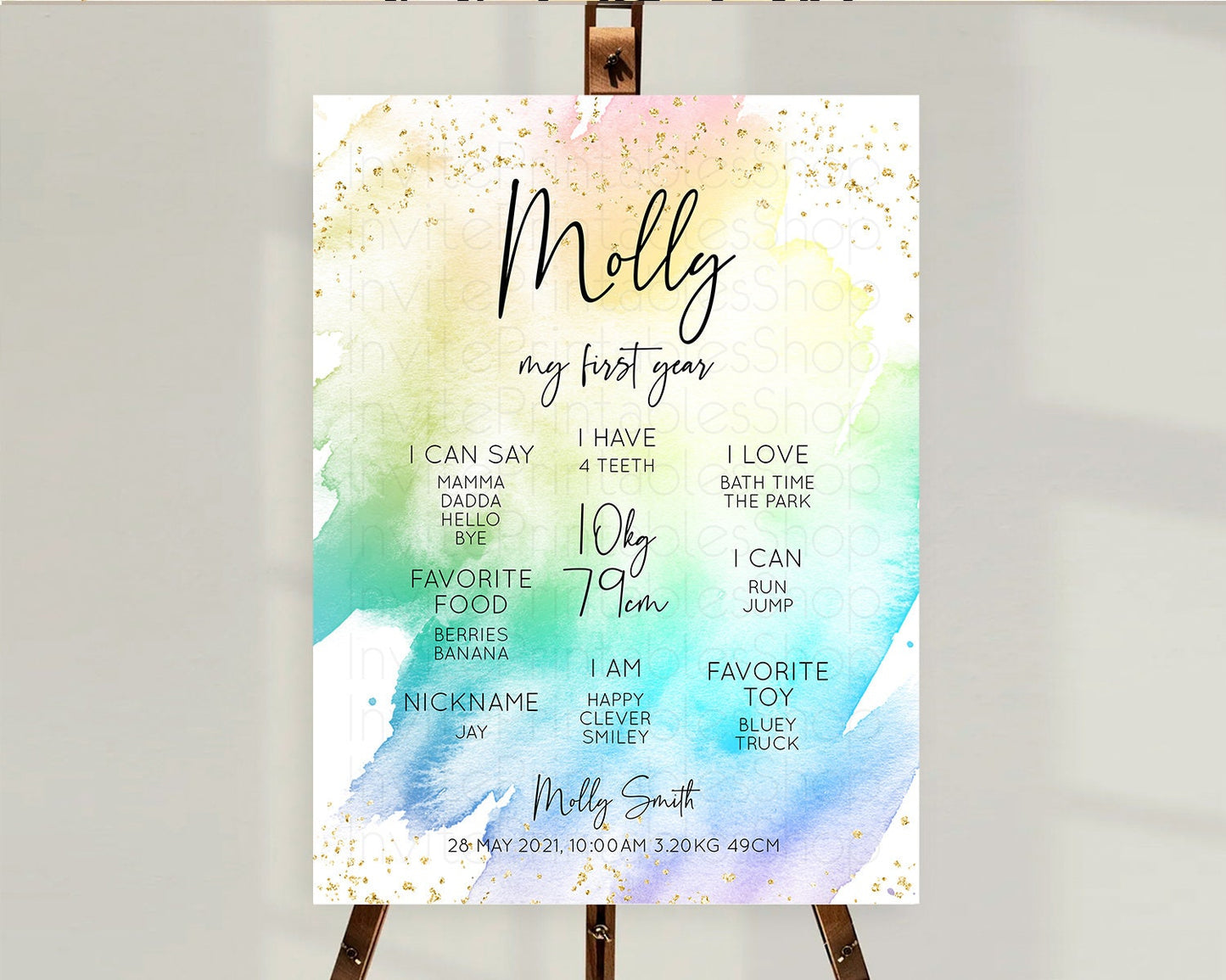 Pastel First Birthday Milestone Board Pastel Rainbow Milestone Poster Colorful Confetti Watercolor Glitter 1st Birthday Welcome Sign D10256