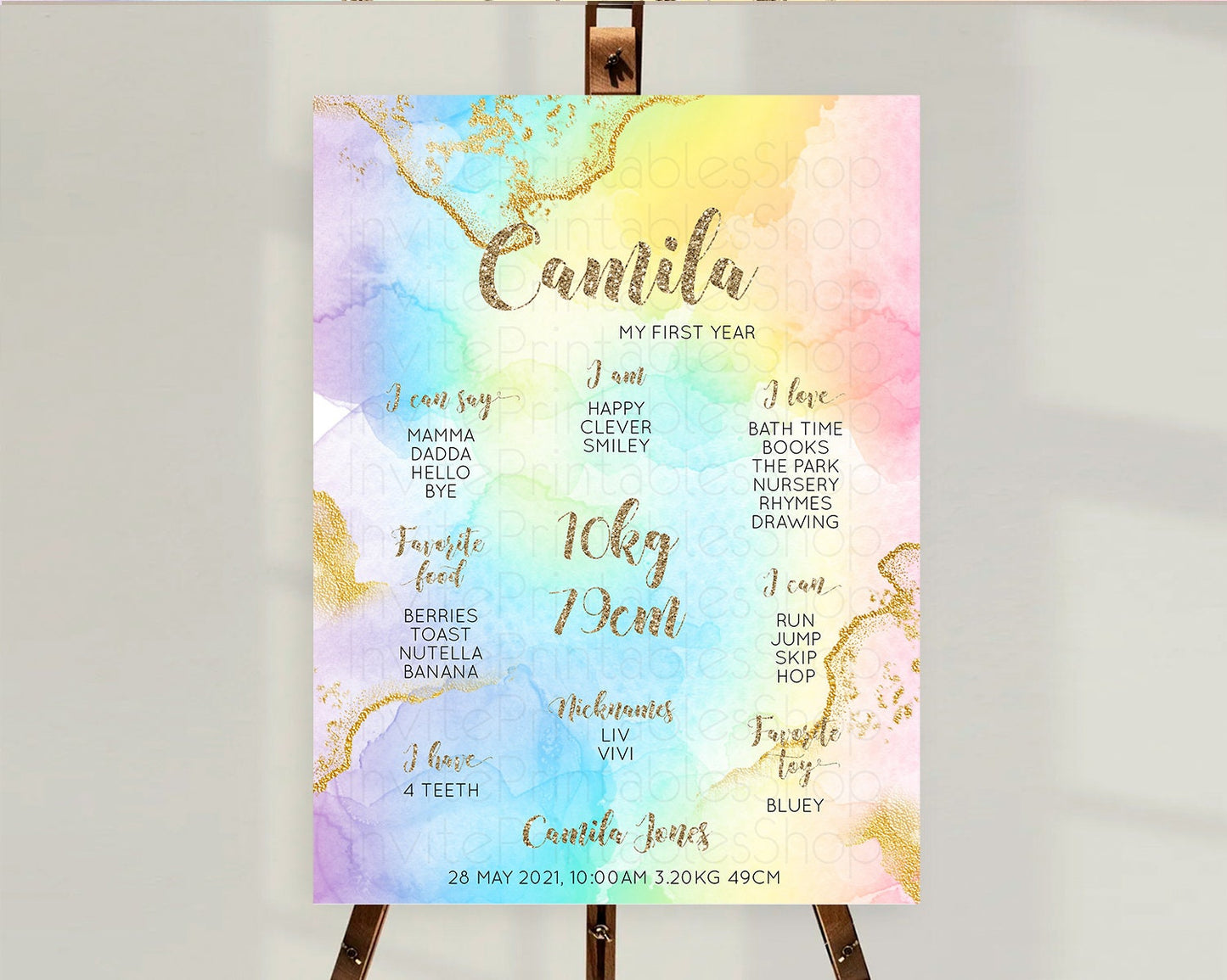 Pastel First Birthday Milestone Board Pastel Rainbow Milestone Poster Colorful Confetti Watercolor Glitter 1st Birthday Welcome Sign D10589