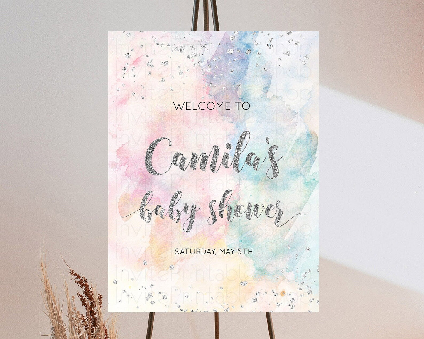 Pastel Rainbow Baby Shower Welcome Sign Pastel Welcome Board Pastel Colorful Party Poster Confetti Watercolor Silver Welcome Sign D10944