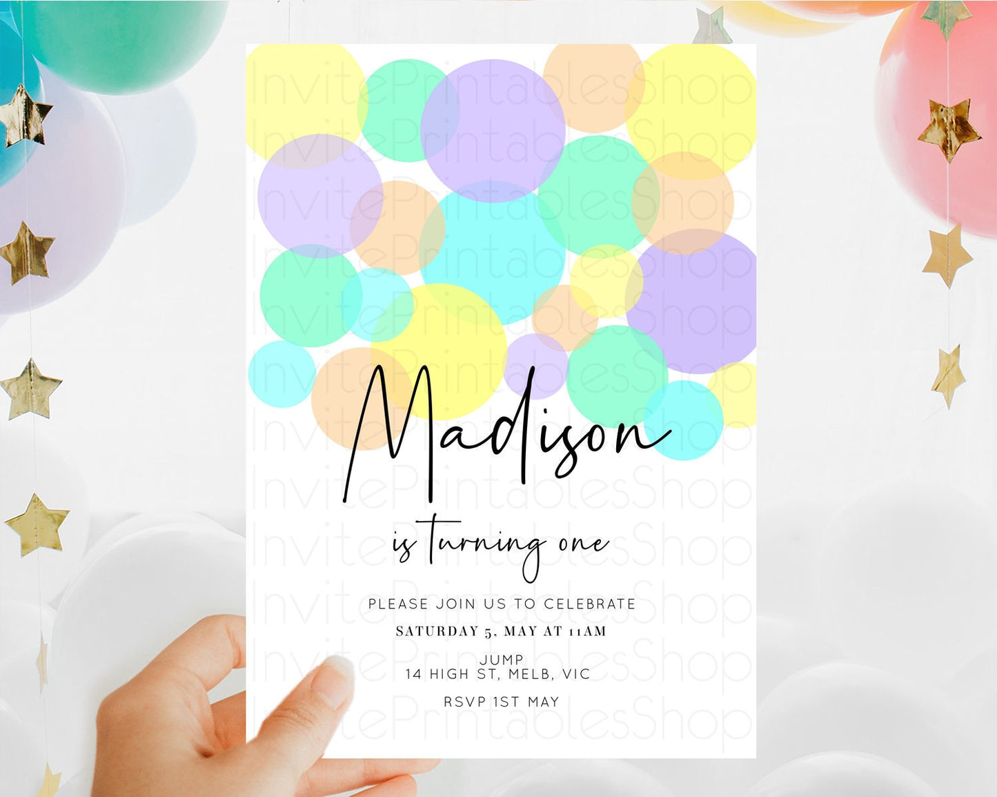 Pastel Birthday Invitation Pastel Confetti Birthday Invitation Bubbles Invitation Colorful Rainbow Confetti 2nd 1st First Birthday D10412