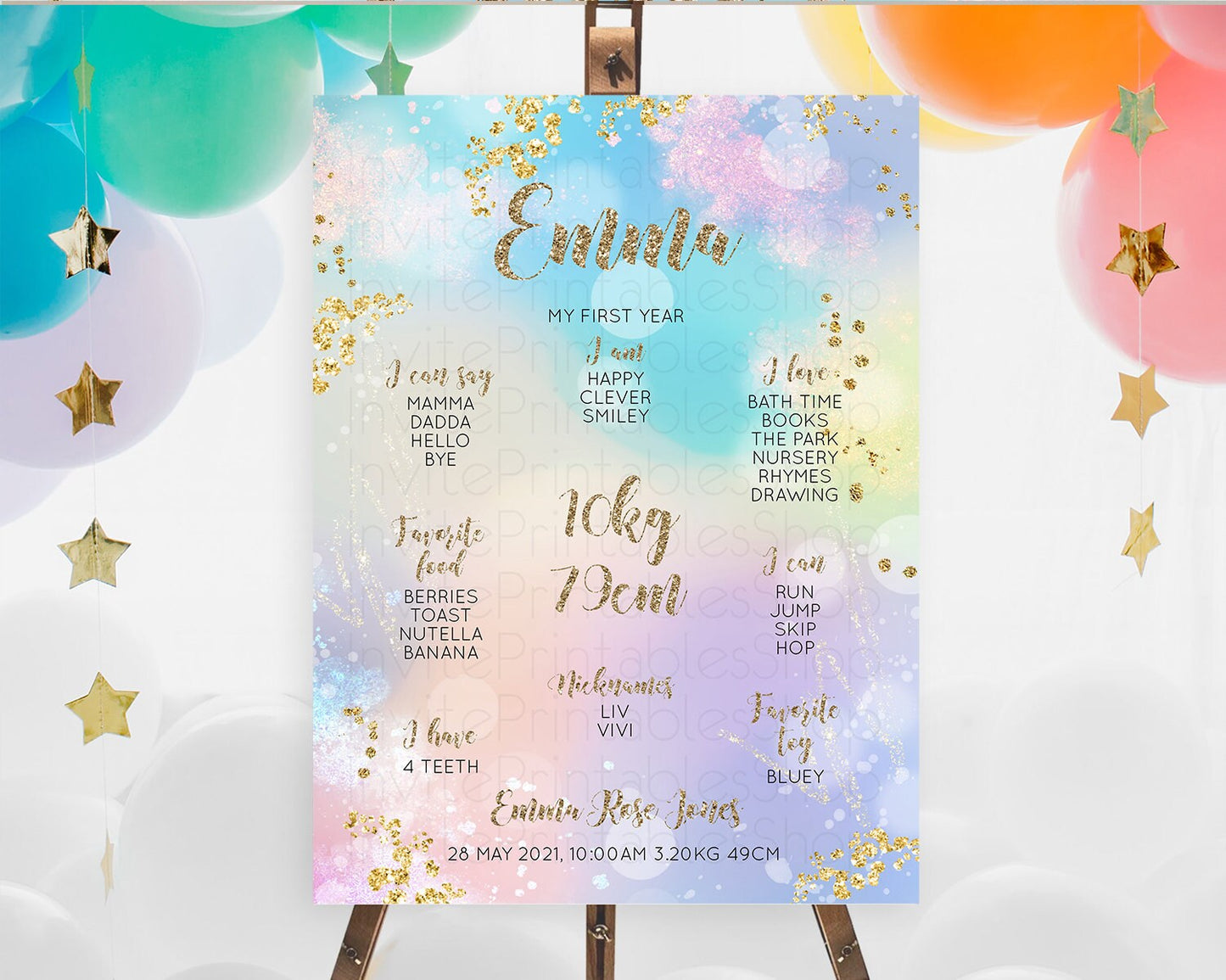 Pastel First Birthday Milestone Board Pastel Rainbow Milestone Poster Colorful Confetti Watercolor Glitter 1st Birthday Welcome Sign D10677